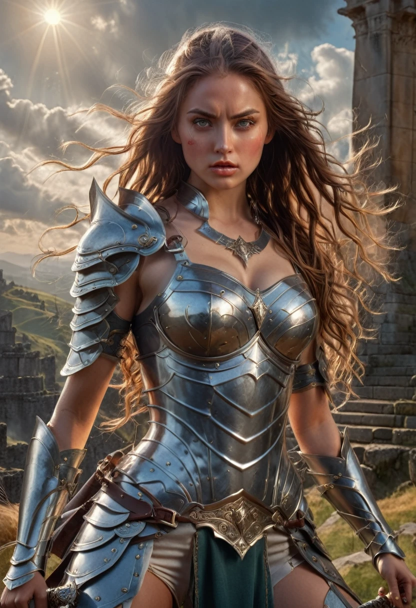 Female Warrior, a female warrior, intricate armor, detailed facial features, piercing eyes, sharp nose, full lips, long eyelashes, flowing hair, fierce expression, powerful stance, brandishing a sword, epic fantasy landscape, rolling hills, ancient ruins, sunlight streaming through clouds, dramatic lighting, rich color palette, cinematic composition, award-winning digital art, hyper-detailed, photorealistic, 8k