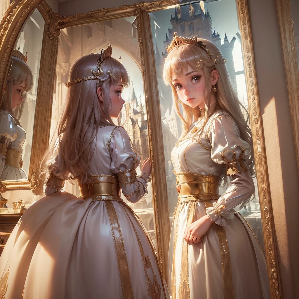 (Princess:1.6),(I can see the castle reflected in the mirror:1.6),masterpiece,high quality,(Highly Detailed CG Unity 8k Portrait:1.3),Nice views,8-year-old girl,Medieval dress, Gold embroidery