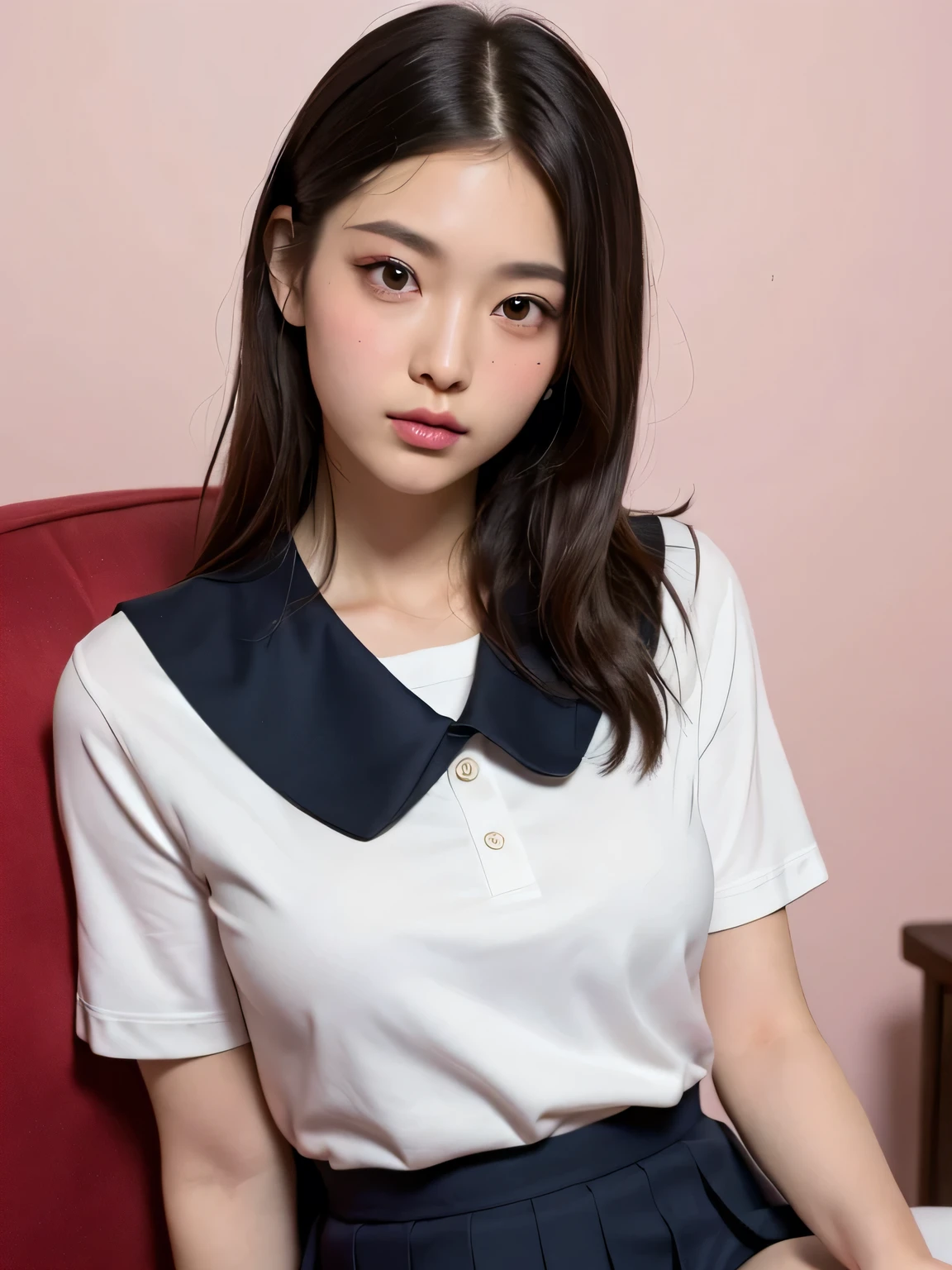 (masterpiece:1.3)、Very fine finish、(High resolution、8k:1.3)、highest quality、Beautiful Hands、Beautiful Hands指、(Ultra-realistic as a photo:1.3), Ultra High Resolution Face、The face is in focus、Ultra high definition and beautiful eyes、(Concentrated eyes:1.3)、(Eyes are symmetrical:1.3)、High quality and beautiful skin、Firm Skin、Natural Makeup、Gloss lips, Ultra HD Hair Texture、Japanese women、high school girl、18-year-old、(High School Uniform:1.3), very cute, Very short hair:1.2, (Sitting:1.3), Mid-chest, (Flip up the skirt、Small panties are visible from the skirt:1.1), Pink wall、 (Very embarrassed:1.3), (blush:1.3), (View Viewer:1.2)
