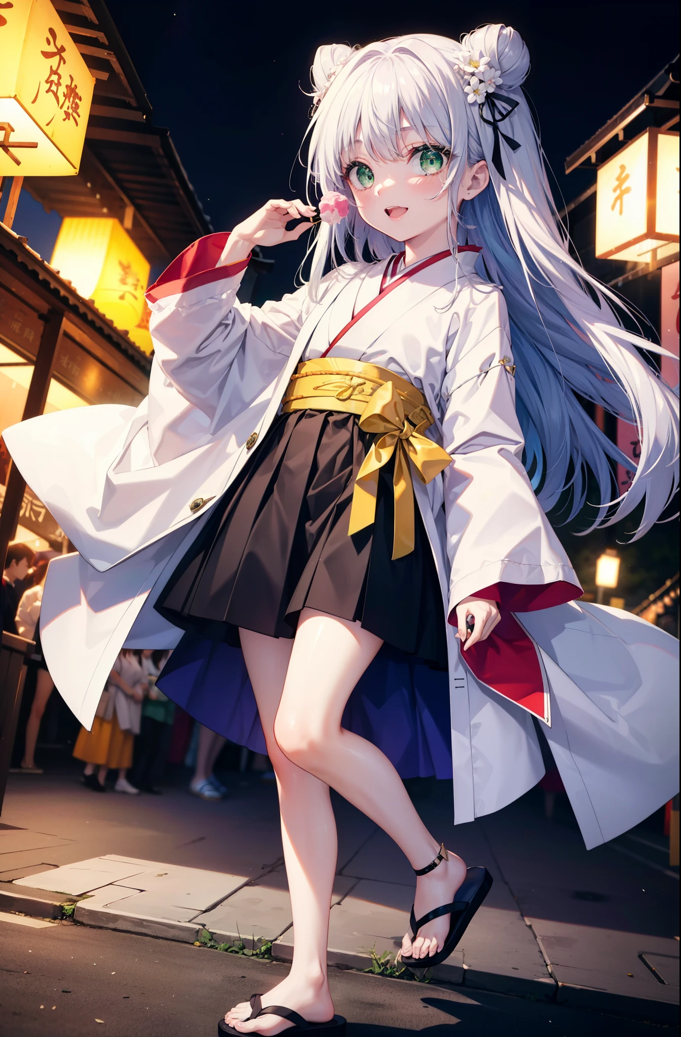 index, index, (Green Eyes:1.5), Silver Hair, Long Hair, (Flat Chest:1.2),smile,blush,Happy atmosphere,Open your mouth,Long Hair,Hair Bun, double  Hair Bun,White kimono,Long sleeve,mini skirt,Sandals,night空の花火,Fireworks display,Japanese Festivals,Summer festival food stalls,Red Lantern, night,whole bodyがイラストに入るように,Looking down from above,She is holding cotton candy in her right hand,
break outdoors, shrine,                                              break looking at viewer,whole body,
break (masterpiece:1.2), highest quality, High resolution, unity 8k wallpaper, (shape:0.8), (Beautiful and beautiful eyes:1.6), Highly detailed face, Perfect lighting, Extremely detailed CG, (Perfect hands, Perfect Anatomy),