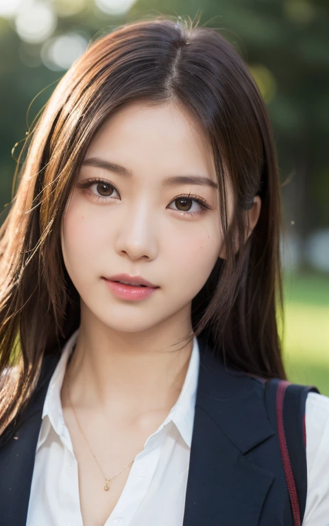 （8k、Live Action、RAW Photos、highest quality、masterpiece：1.2),(Outdoor),((Perfect lighting)),(濡れたhair),Looking at the audience,Viewed from the front,Sexy pose, cute笑顔,18-year-old,student,White skin,knees,Small face,前hairを真ん中から分けます、The forehead is visible,skinny,skinny)、masterpiece,highest quality、超A high resolution,one person, one personで,Close-up shot、cute、Return to student,(Japanese School Uniform:1.3),high school girl,Japanese women,Are standing,（フォトGenuine：1.37）、Photon Mapping,Genuineistic、cuteSmall face,Brown eyes、prospect、Written boundary depth、Blurred Background、Genuine,(前hairが見える), hair, kneesが見える, thigh,(Nogizaka Idol), actress、Big and ample breasts、Cleavage、Super quality、Low people、(Skin with visible pores:1.2)、(Focus on the face)、7 Head to Body、Check and fix the skeleton