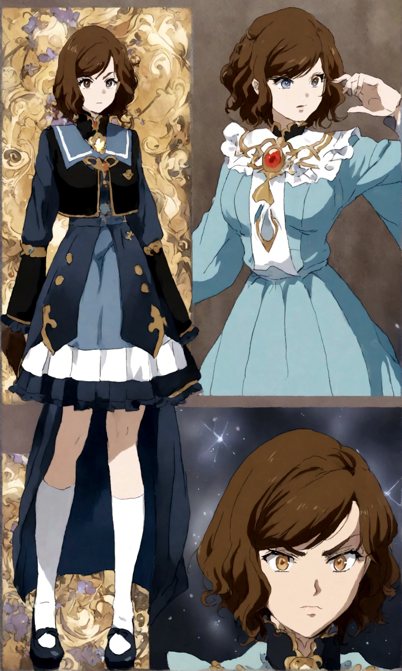 (Daisaku),(Need),(Super meticulous),(full bodyesbian:1.2), (hair swept bangs:1.3) (brown hair:1.3), a close up of a woman in a blue dress and white socks, loose coat collar sailor uniform, fantasy style clothing, sakimichan, japanese clothes, style anime, magical school student uniform, witchcore clothes, magic , lolita style, anime girl cosplay, jk uniform, victorian blue dress, decorative dark blue clothing, gloomy style, anime set style, (beautiful detailed face),(Beautiful and delicate eyes),