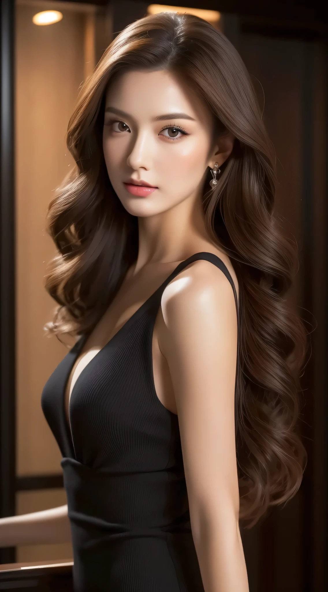 best qualtiy，A high resolution，masterpiece：1.3），A tall and beautiful woman，frontage，Dark brown hair in loose wavy styling，，small breast, black dress，Dark Alley，Beautifully rendered details in face and skin textures，Charming eyes，double eyelid, full body standing, in a cigar lounge