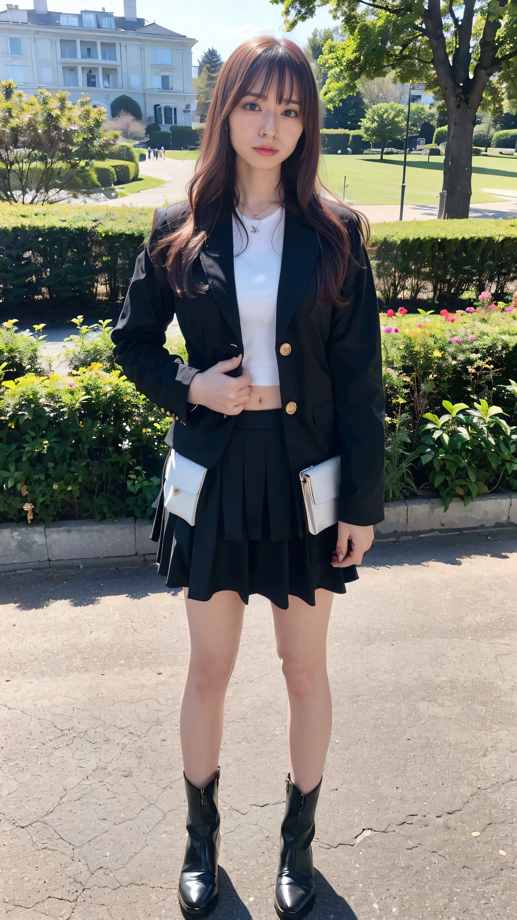 (8k、RAW Photos、highest quality、masterpiece:1.2)、(Realistic、Realistic)、1 girl、((Black jacket、suit、mini skirt、Big Breasts、boots、whole body、garden、View from the front、Looking into the camera、Standing with hands on hips))、