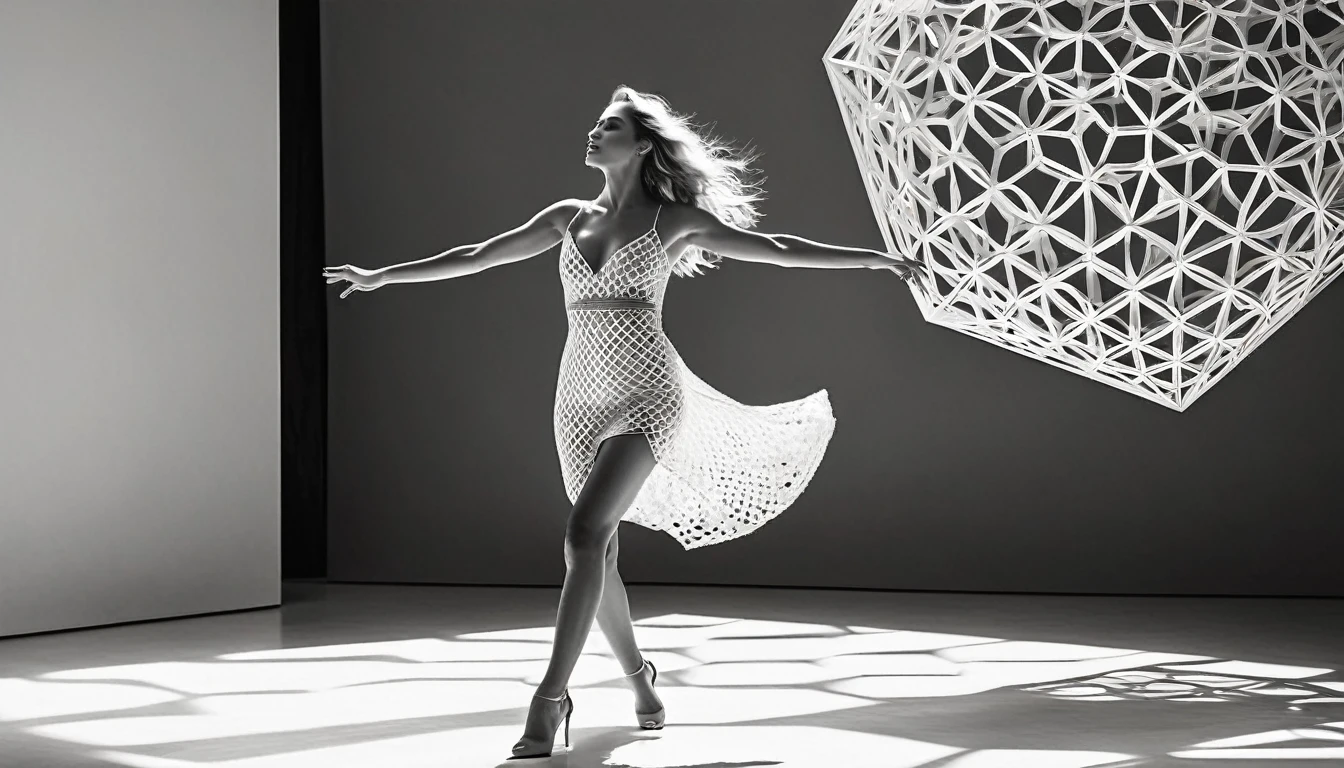 Masterpiece, award-winning photograph, UHD, RAW, (ultra high quality, 8k, intricate details), professional studio photo,(((black and white filter))), full body portrait photo of a beautiful 25 y.o. old european woman dancing before a ((((geometrical art installation inspired by Victor Vasarely)))),wearing a short white silk lace dress, (her body moving in motion), outstrecthed arms, joyfull delighted face, (extra long endless long wavy blonde hair) floating around, skinny fit body, standing in ((various sexy dynamic poses)),perfect curved body, natural tight breasts, nice legs, (real human hands with five fingers), mesmerizing body movements, graceful poses, in the background (geometrical patterns:1.32), (contemporary art), contrasting light and shadows, black and white photography, artistic expression, intense emotions, dramatic compositions, high contrast, best shadow, best quality, monochromatic tones, evocative and sensual, masterful artistry, captivating details, minimalist aesthetic, intense focus on the human form, intricate body positions, subtle lighting, beautifully captured emotions, merging elation and pleasure, (best quality, 4k, highres, masterpiece:1.2), dramatic lighting, phenomenal black and white portraits.