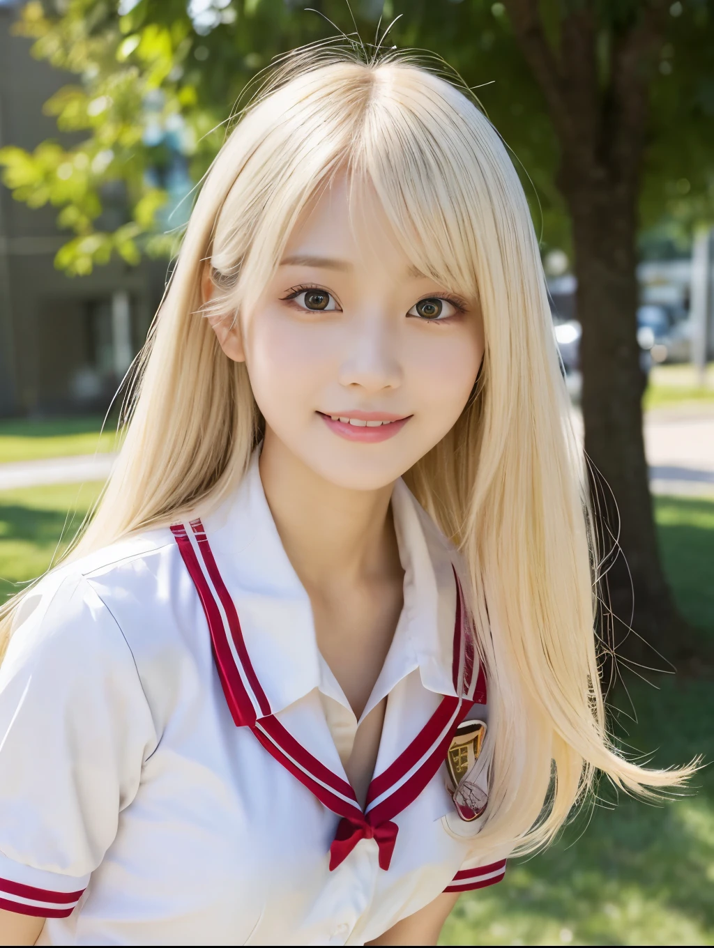 ( Masterpiece, highest quality), 98k, ((Perfect Anatomy:1.3)),Beautiful Japanese Women, Succubus,alone, 18-year-old, Small face,Cute face:1.2,Smiling, Larger breasts, ,Beautifully detailed round eyes, Evenly spaced eyes 1.2, Long platinum blonde hair,Random Hair, (Highly detailed face and skin texture), Beautiful face in golden proportions,White skin,Accentuate your beautiful legs,(Student uniform:1.2),Random sexy poses, Sunny day,（Standing like a model:1.3）