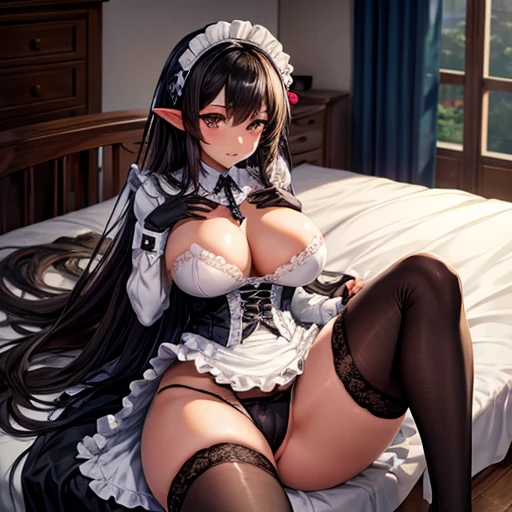 Maid clothes　Dark Elf　Alluring thighs　Knee-high socks　Large Breasts　Brown Skin