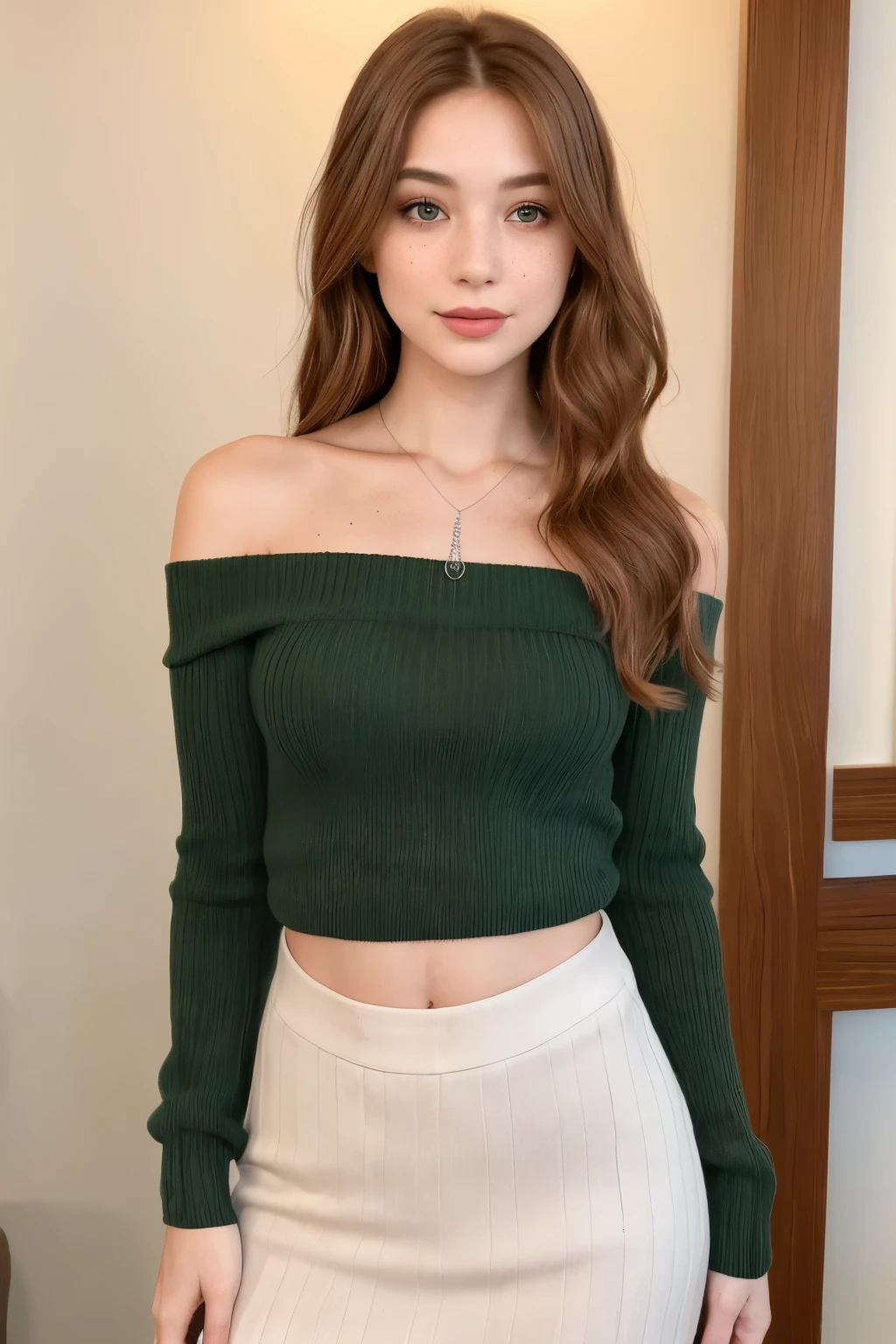 Imagine a realistic image of a young woman in her mid-twenties, standing alone, with a captivating aura. She has medium-length wavy chestnut brown hair that shimmers under the light, framing her delicate face with its high cheekbones and full lips. Her eyes are a striking emerald green, accented by delicate lashes and a hint of mild freckles on her nose.
She is clad in a well-fitted sweater that is off-shoulder, revealing a hint of her smooth, bare shoulders. The sweater is loose enough to showcase her slender waist and flared hips, while a slim silver necklace hangs elegantly around her neck,