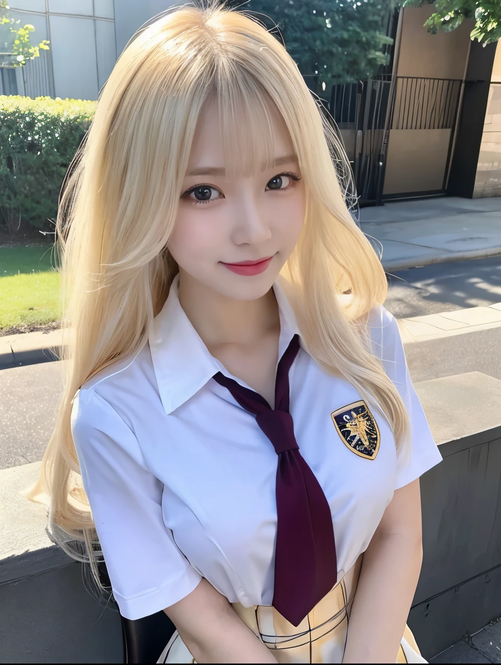 ( Masterpiece, highest quality), 98k, ((Perfect Anatomy:1.3)),Beautiful Japanese Women, Succubus,alone, 18-year-old, Small face,Cute face:1.2,Smiling, Larger , ,Beautifully detailed round eyes, Evenly spaced eyes 1.2, Long platinum blonde hair,Random Hair, (Highly detailed face and skin texture), Beautiful face in golden proportions,White skin,Accentuate your beautiful legs,(Student uniform:1.2),Random sexy po, Sunny day,(Standing like a model:1.3)