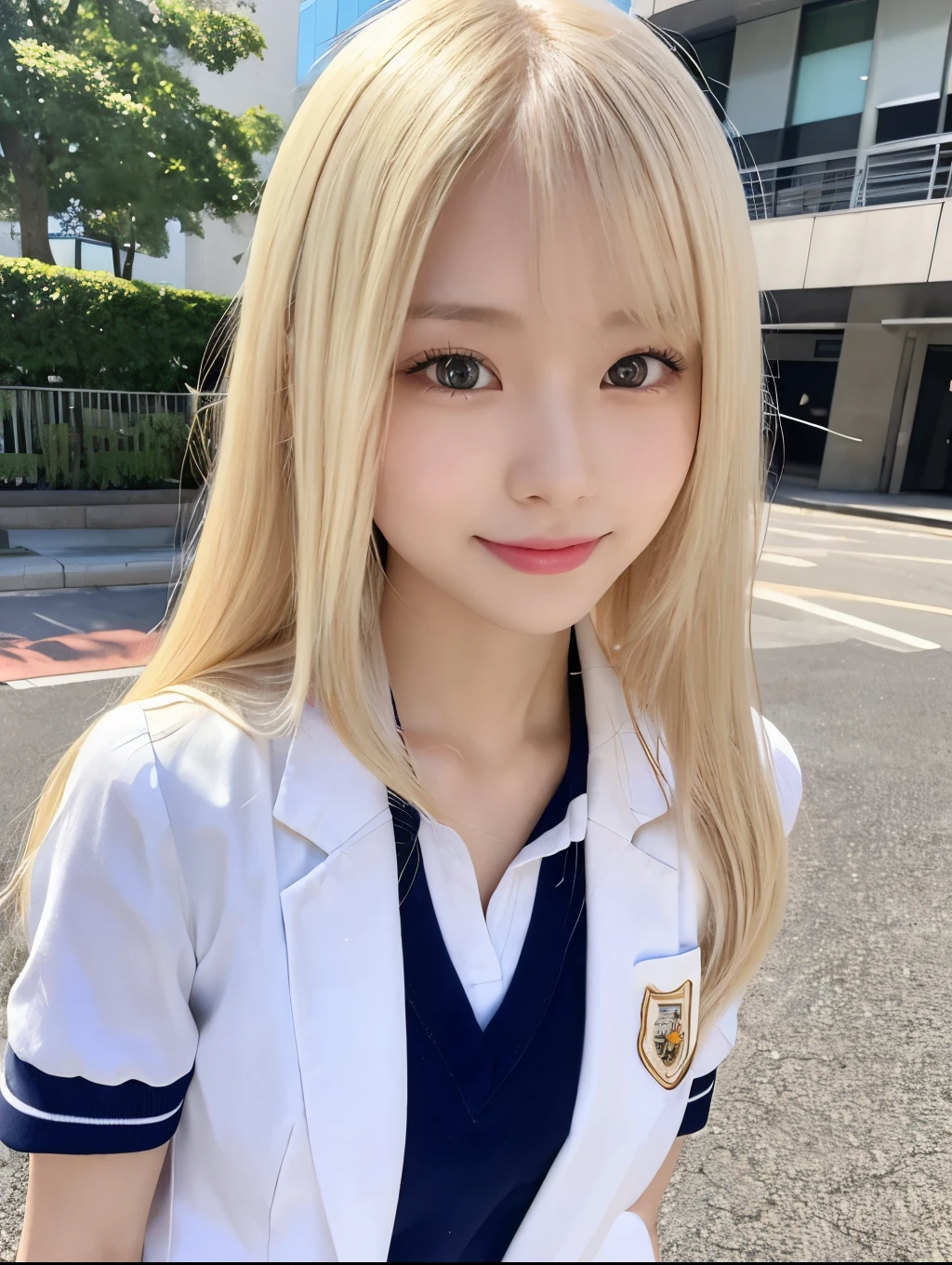 ( Masterpiece, highest quality), 98k, ((Perfect Anatomy:1.3)),Beautiful Japanese Women, Succubus,alone, 18-year-old, Small face,Cute face:1.2,Smiling, Larger breasts, ,Beautifully detailed round eyes, Evenly spaced eyes 1.2, Long platinum blonde hair,Random Hair, (Highly detailed face and skin texture), Beautiful face in golden proportions,White skin,Accentuate your beautiful legs,(Student uniform:1.2),Random sexy poses, Sunny day,(Standing like a model:1.3)
