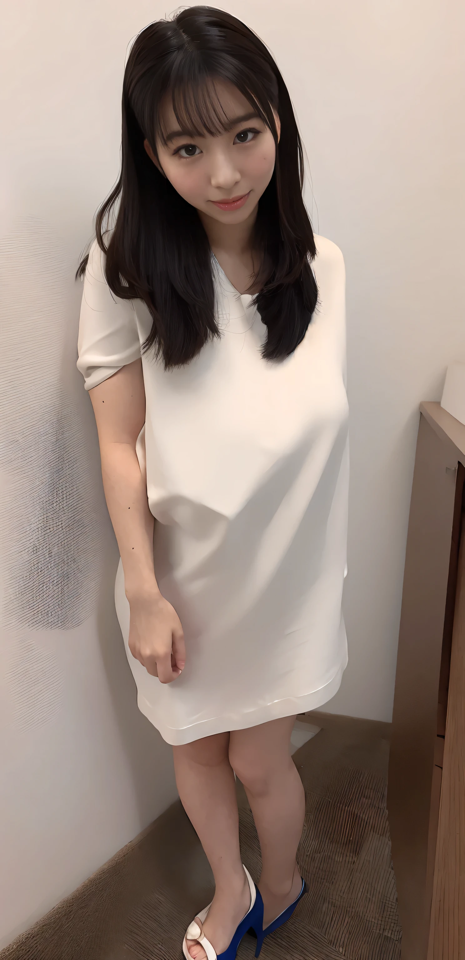 (Highest quality, highest quality, 8k, RAW quality), Japanese maid, Mature Woman, ((Slightly thicker, Round face, about 30)), Wavy black hair with no bangs, Long Hair, Twin ponytail, Flashy makeup, Fuller lips, Sexy Gaze, Japanese very cute teacher uniform, ((dressing)), Looking into the camera, Low angle shooting, Cute duck mouth,((Extremely precise and accurate anatomy)), (masterpiece:1.43), Perfect balance, Very glamorous and perfect body, Realistic photos, Full Shot, whole body, (height: 178cm), High heels Has two legs,Has two arms、Has two legs, You need two arms)), Japan High School Classroom