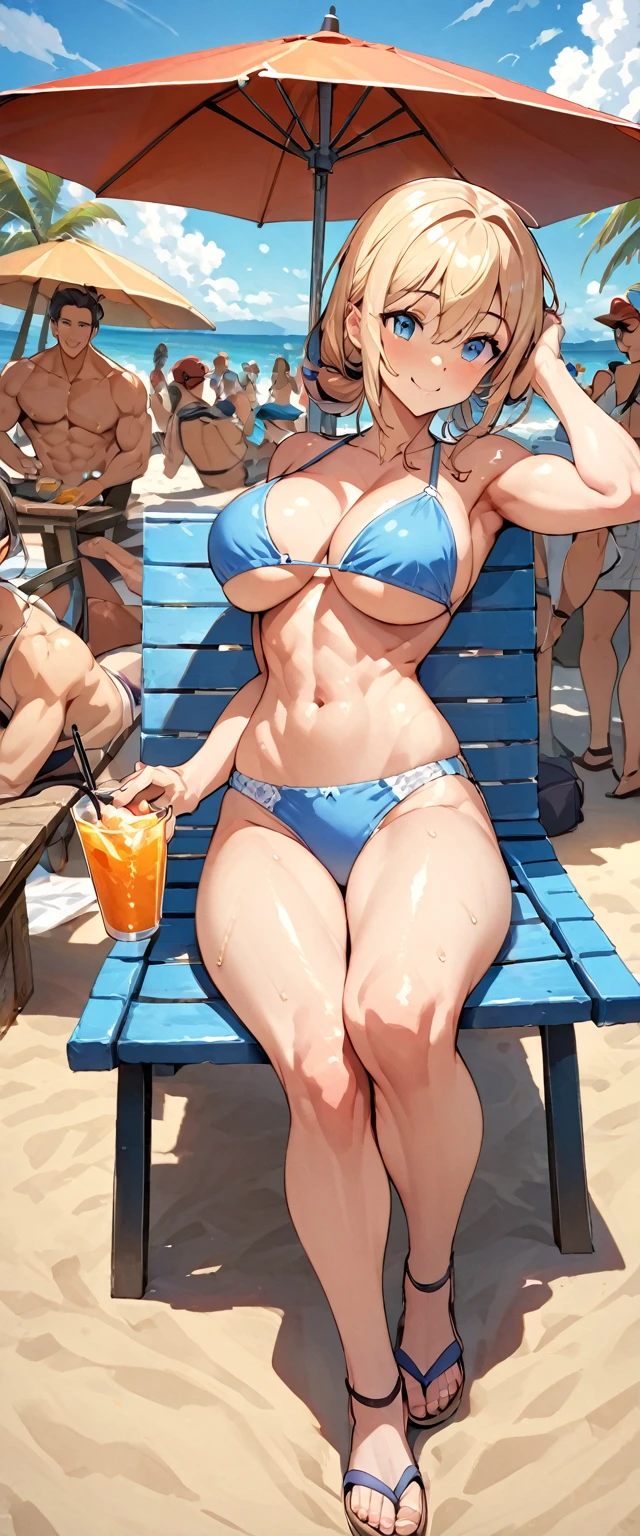 ((​masterpiece))、((Top image quality))、((top-quality))、(((Illustration of one woman)))、(((muscle woman)))、full body Esbian、((30-years old))、((neuter))、((Blonde twintails))、Light golden eyes、((Long body))、(((perspiring)))、((Steam wafting all over the body))、((Body wet with sweat))、(((Muscular and strong body)))、((Split abs))、(((muscular and thick arms)))、(((muscular and thick thighs)))、((manspreading))、((Sports Swimwear))、Sitting on a deck chair、in poolside