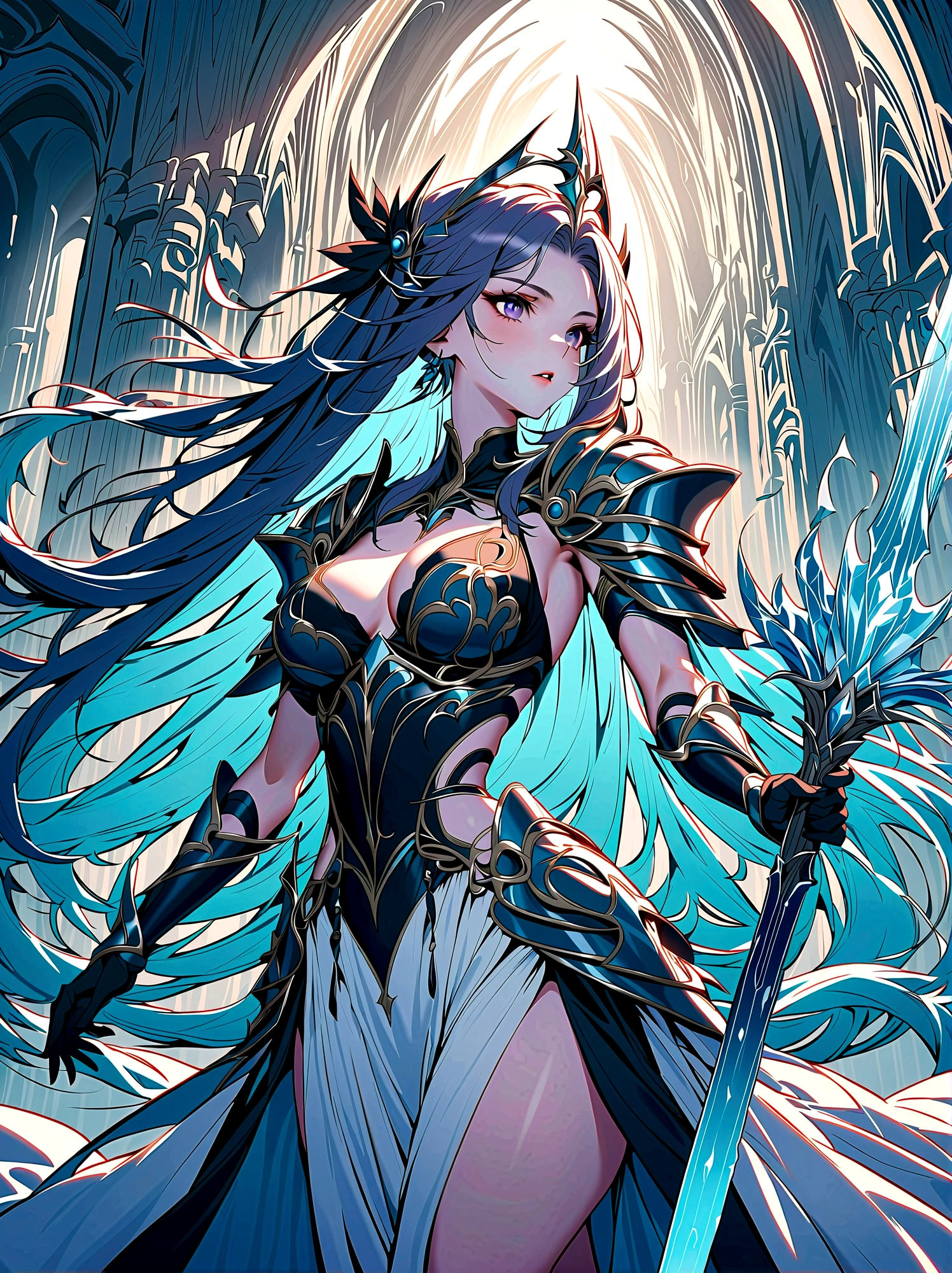 Fantasy World，Elegant female warrior，Dressed in stunning armor and costumes，Ice blue and silver，Decorated with intricate frost patterns，Gorgeous design，Wields a huge and beautiful two-handed greatsword，Cold and crystal，Her hair is a waterfall of noble silver，Dark purple eyes