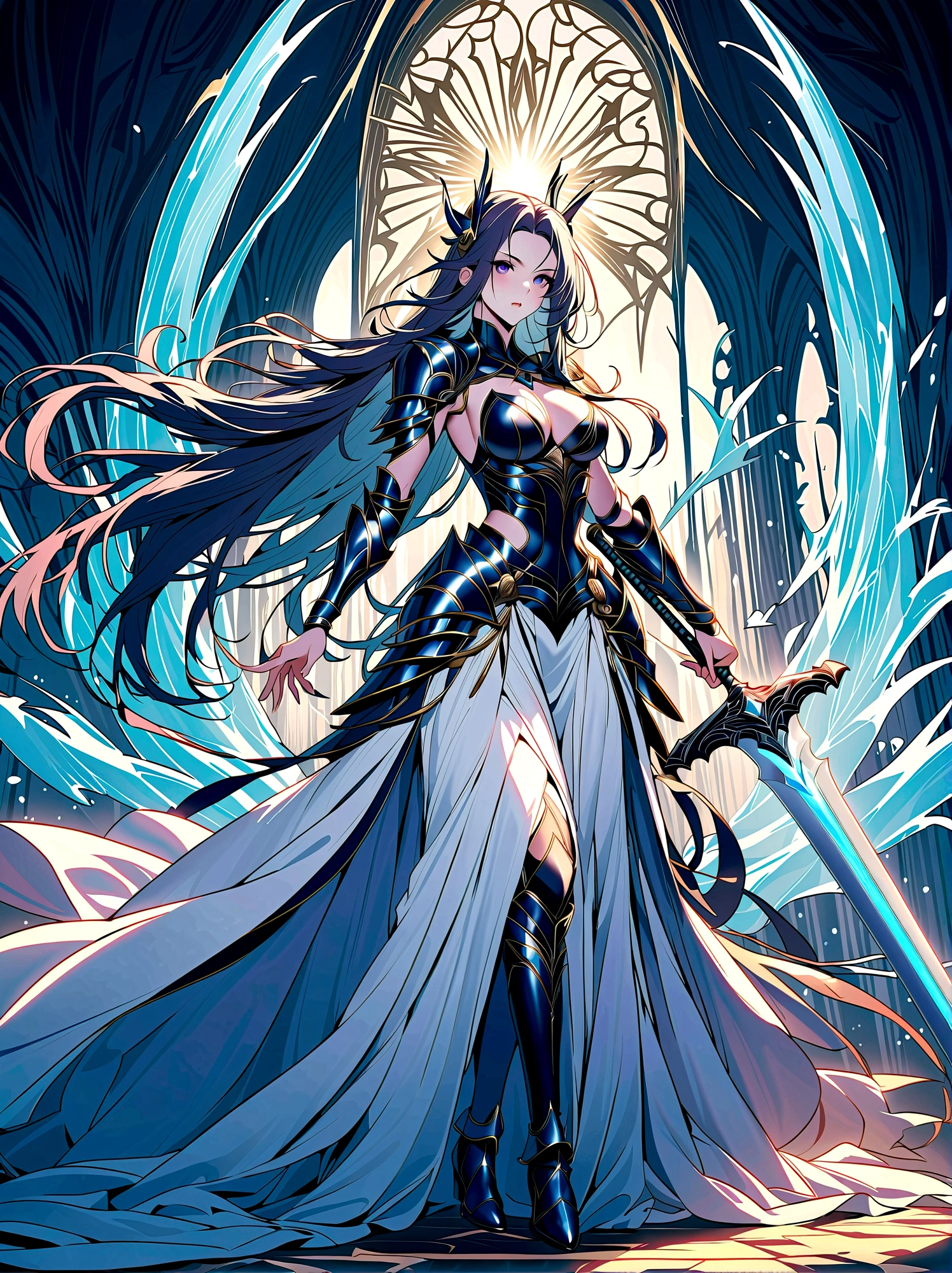 Fantasy World,Elegant female warrior,Dressed in stunning armor and costumes,Ice blue and silver,Decorated with intricate frost patterns,Gorgeous design,Wields a huge and beautiful two-handed greatsword,Cold and crystal,Her hair is a waterfall of noble silver,Dark purple eyes