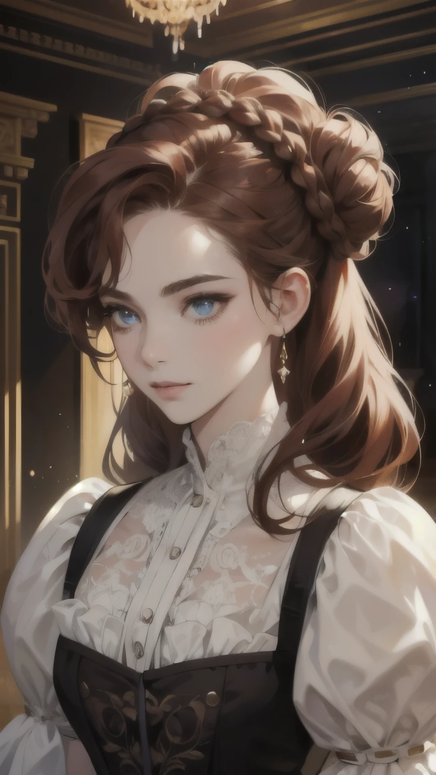 (absurd, High resolution, Super detailed), Beautiful aristocratic woman of victorian era, Europe in the 18th century, reddish brown hair,Exquisite high bun braid hairstyle, curls, elegant ballroom dress, Standing in the luxurious banquet hall, Delicate and meticulous, 8K, Reality, Dramatic Lighting, high quality, Complex design, classical portrait, , enlarged texture, Exquisite eyes and face details, Perfect eyes, matching eyes