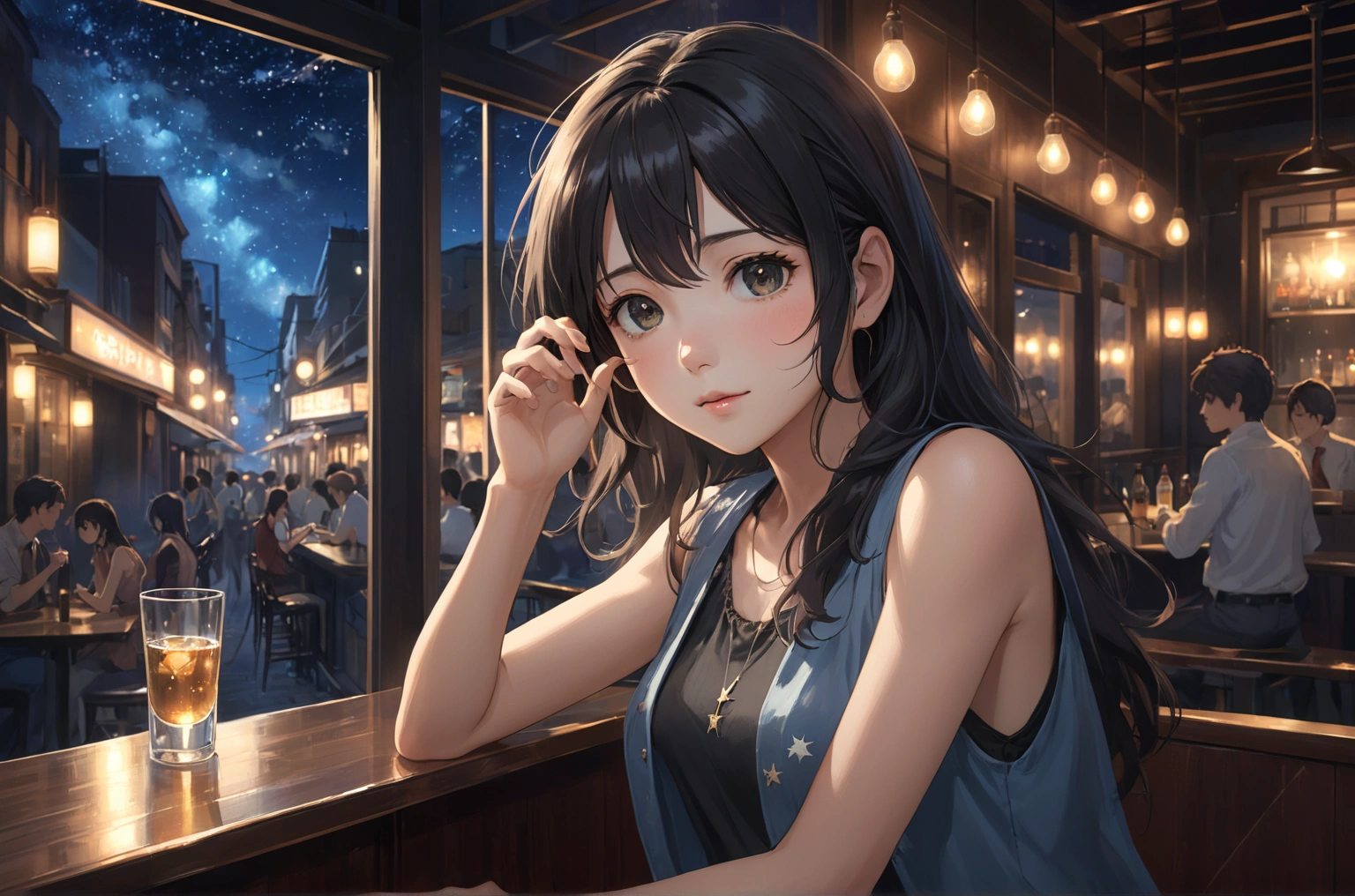 Uses Makoto Shinkai&#39;s depiction perfectly, Chiara Pancaldi portrait 8k 4k masterpiece photo ,A jazz bar with a glass ceiling,Outside the window is a dim night view,Stars twinkle in the sky,Close-up of face,Semi-long hair,Black Hair,sexy,Wearing a slim sleeveless shirt,Five fingers and five toes,The fingers are drawn precisely,The most beautiful woman in the world,30 years old,