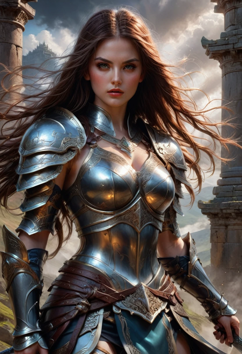 Female Warrior, a female warrior, intricate armor, detailed facial features, piercing eyes, sharp nose, full lips, long eyelashes, flowing hair, fierce expression, powerful stance, brandishing a sword, epic fantasy landscape, rolling hills, ancient ruins, sunlight streaming through clouds, dramatic lighting, rich color palette, cinematic composition, award-winning digital art, hyper-detailed, photorealistic, 8k