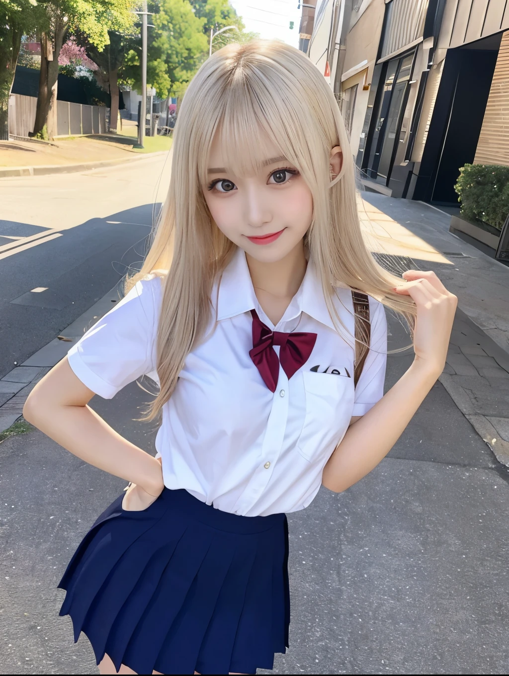 Browsing Caution、8k,highest quality, masterpiece, Very detailed, Ultra-high resolution, Realistic, RAW Photos, , Absolute Resolution, Complete limbs、Complete Anatomy、Perfect beautiful skin、pretty girl1人,Cute girl 、、(smile:1.2)、Gal、、(Short sleeve white collar shirt:1.1)、bow  tie 、、Micro Mini Skirt、、Accentuate your thighs、、(Emphasize cleavage:0.6)、(blonde:1.2)、、、pretty girl、 , Realistic young gravure idol, Japanese Girls、、alone、(Midsummer schoolyard:1.2)、Sit on a bench、From above、
