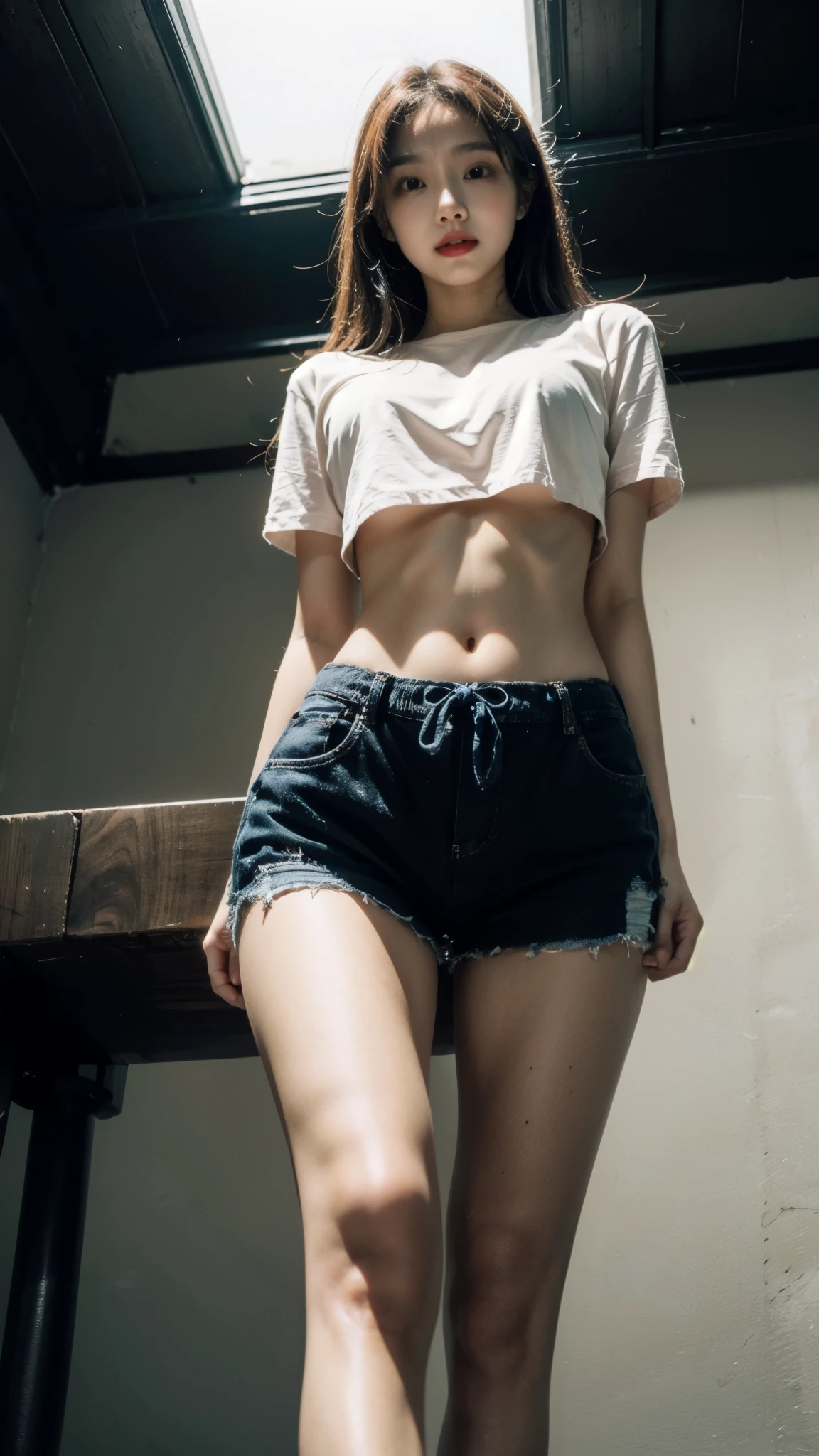 best quality, masterpiece, high resolution, 8K, (Practical: 1.4), Ultra high resolution, 1 girl, Super detailed, 超Reality主义, Highly detailed CG illustrations, Official Art, light, Reality, young beautiful girl, Perfect body, Perfect body, full view, Perfect body, (start from below: 1.3), mask, posture, Sexy long legs, confident, Beautiful and sexy, Grey short sleeves, open belly, Black Super Shorts, S-Shaped Body, Upturned buttocks, Assumptions, 摆posture, Different perspectives