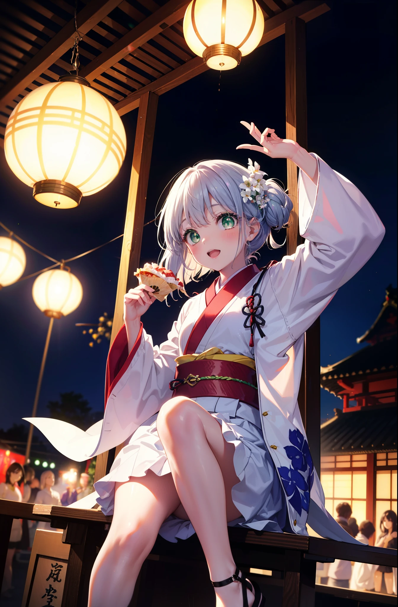 index, index, (Green Eyes:1.5), Silver Hair, Long Hair, (Flat Chest:1.2),smile,blush,Happy atmosphere,Open your mouth,hair tied back,White clothing,Long sleeve,mini skirt,Sandals,night空の花火,Fireworks display,Japanese Festivals,Summer festival food stalls,Red Lantern, night,whole bodyがイラストに入るように,Looking down from above,She is holding cotton candy in her right hand,
break outdoors, shrine, break looking at viewer,whole body,
break (masterpiece:1.2), highest quality, High resolution, unity 8k wallpaper, (shape:0.8), (Beautiful and beautiful eyes:1.6), Highly detailed face, Perfect lighting, Extremely detailed CG, (Perfect hands, Perfect Anatomy),