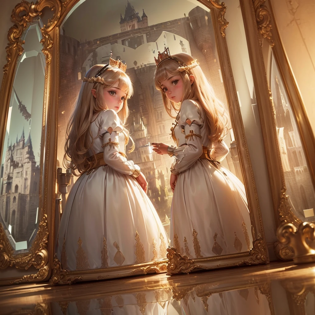 (Princess:1.6),(I see the castle reflected in the mirror:1.6),masterpiece,high quality,(Highly Detailed CG Unity 8k Portrait:1.3),Nice views,,Medieval dress, Gold embroidery