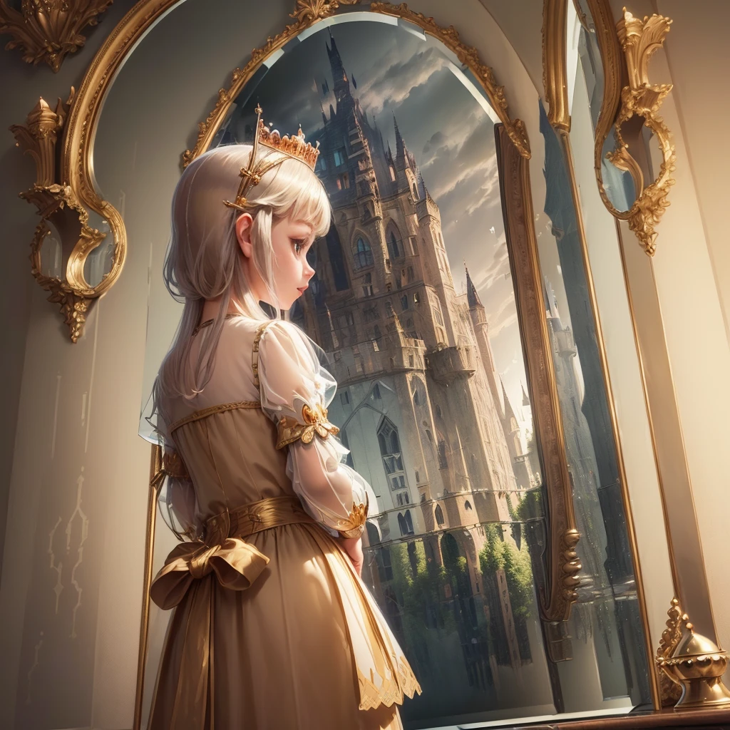 (Princess:1.6),(I can see the castle reflected in the mirror:1.6),masterpiece,high quality,(Highly Detailed CG Unity 8k Portrait:1.3),Nice views,,Translucent medieval dress, Gold embroidery