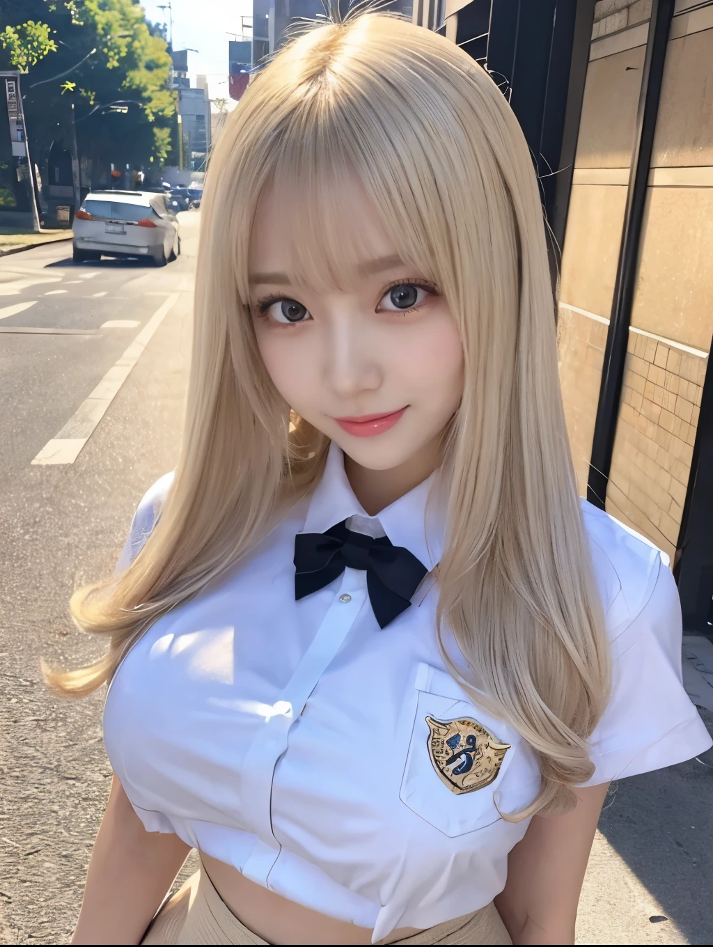 ( Masterpiece, highest quality), 98k, ((Perfect Anatomy:1.3)),Beautiful Japanese Women, Succubus,alone, 18-year-old, Small face,Cute face:1.2,Smiling, Larger breasts, ,Beautifully detailed round eyes, Evenly spaced eyes 1.2, Long platinum blonde hair,Random Hair, (Highly detailed face and skin texture), Beautiful face in golden proportions,White skin,Accentuate your beautiful legs,(Student uniform:1.2),Random sexy poses, Sunny day,（Standing like a model:1.3）