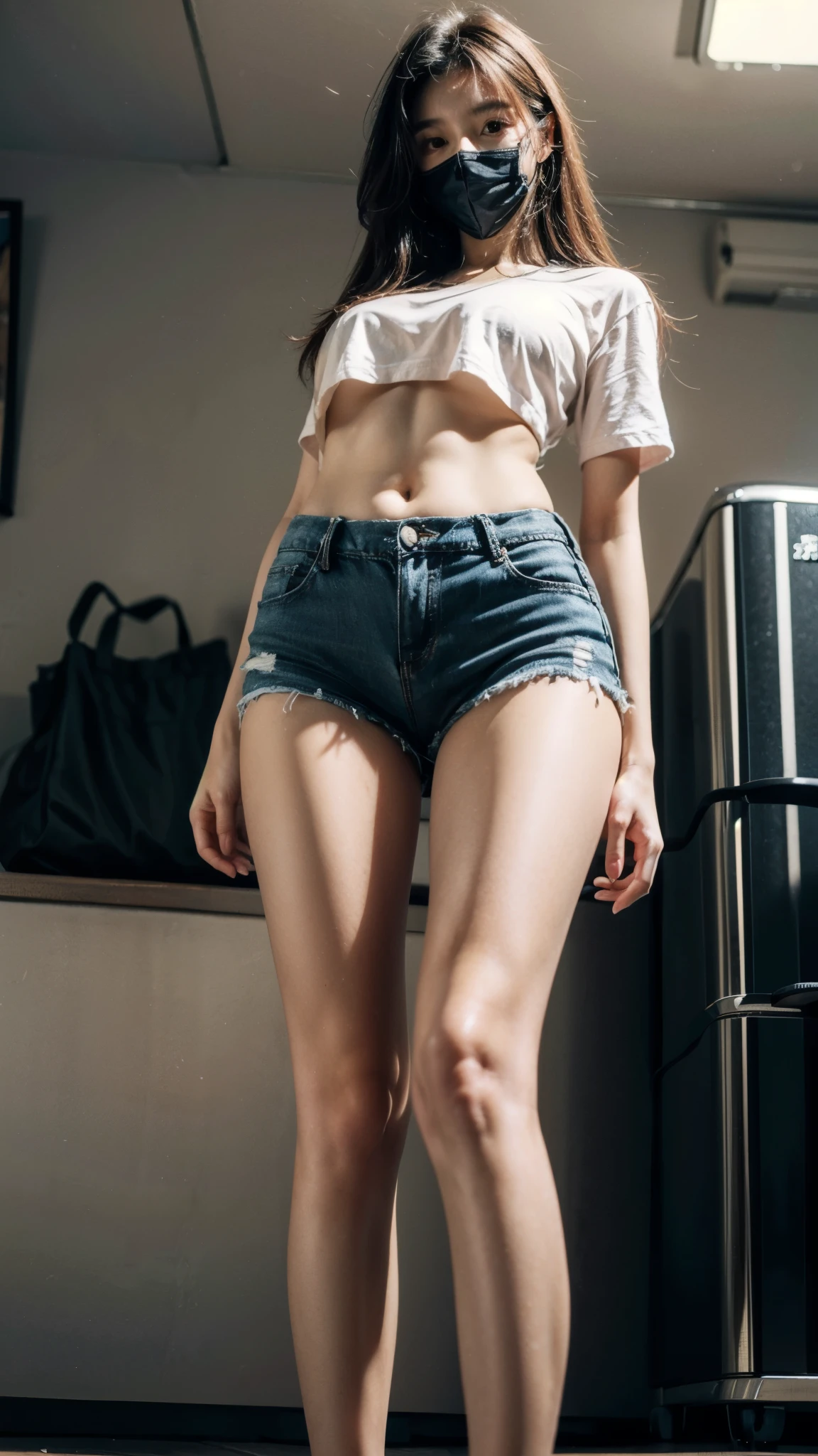 best quality, masterpiece, high resolution, 8K, (Practical: 1.4), Ultra high resolution, 1 girl, Super detailed, 超Reality主义, Highly detailed CG illustrations, Official Art, light, Reality, young beautiful girl, Perfect body, Perfect body, full view, Perfect body, (start from below: 1.3), mask, posture, Sexy long legs, confident, Beautiful and sexy, Grey short sleeves, open belly, Black Super Shorts, S-Shaped Body, Upturned buttocks, Assumptions, 摆posture, Different perspectives