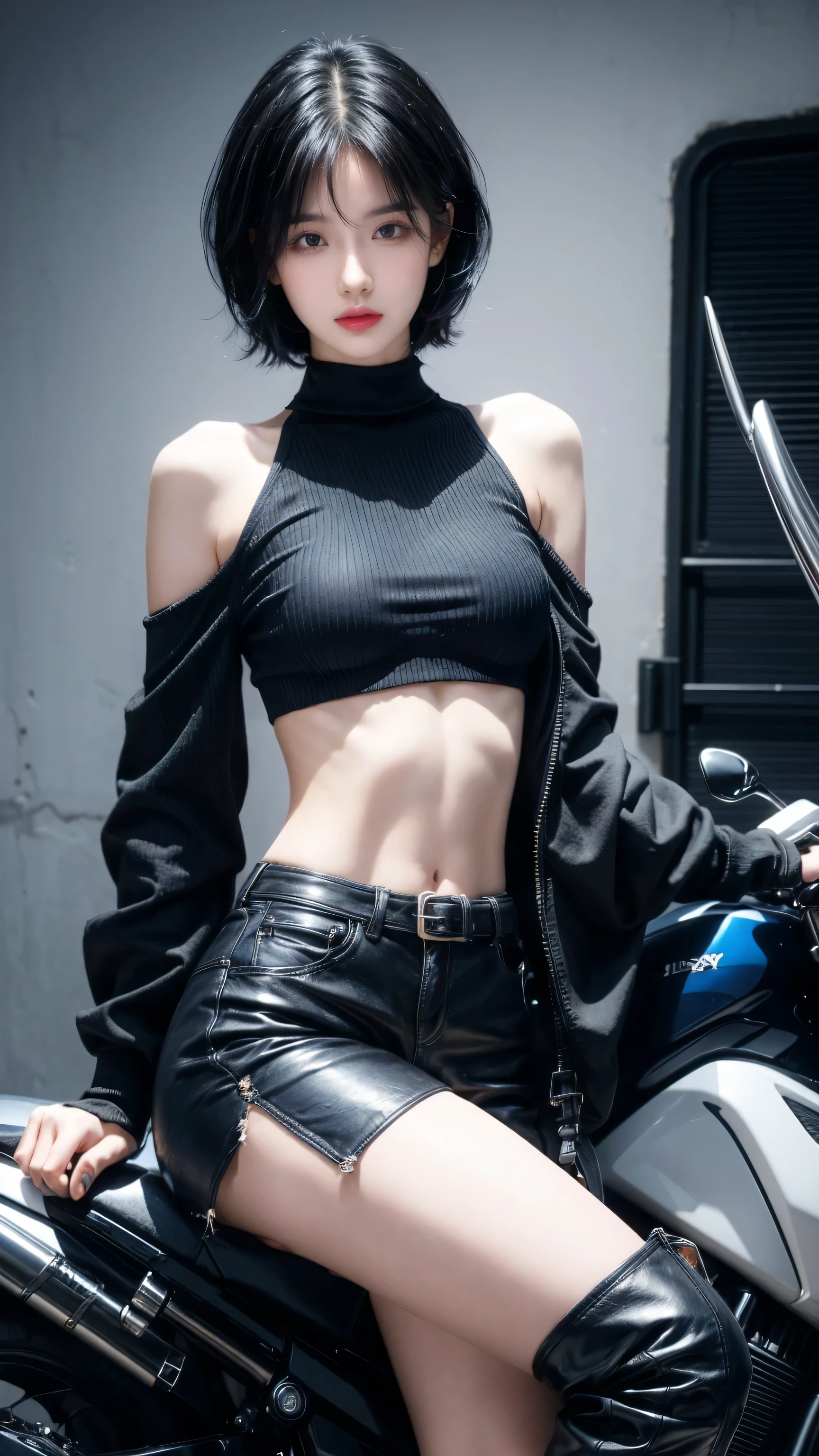 best quality, 1 Girl, dark blue hair, black eyes, Very short hair, Spiky hair, Crop Top Drape, high waist short,Wearing long black boots)、171 cm, Messy hair, Hair between the eyes, Medium breasts, full, Tomboy, aldult, 20 years old, 1 Girl near orange motorcycle
