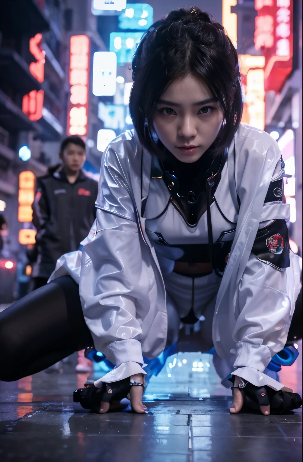CG masterpiece, 3D Chinese girl, angelic face, techno-cool style, dressed in cyberpunk mixed with Chinese style clothing, crouching on the ground, tense image, dynamic poses, stunning colors, super wide angle lens, 3D rendered headshot, cinematic, photorealistic, OC renderer, super-realistic, (full body:1.5),