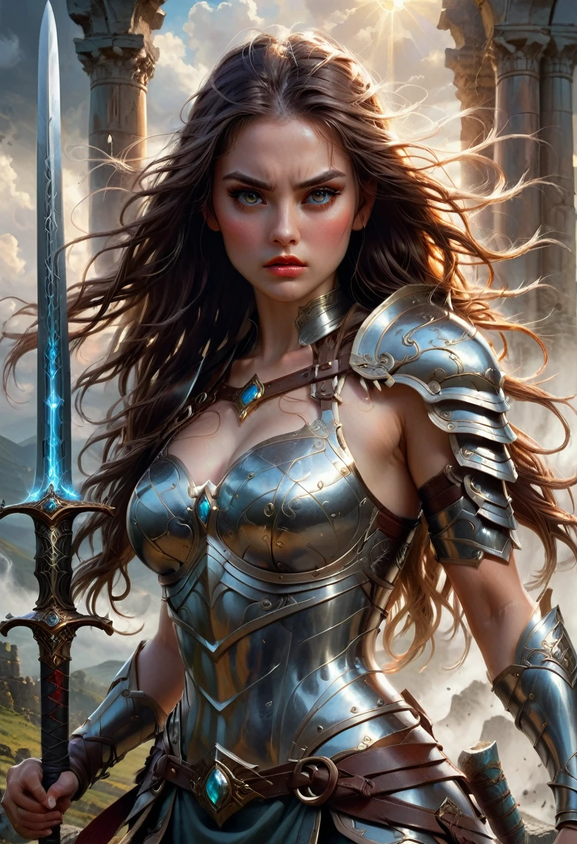 Female Warrior, a female warrior, intricate armor, detailed facial features, piercing eyes, sharp nose, full lips, long eyelashes, flowing hair, fierce expression, powerful stance, brandishing a sword, epic fantasy landscape, rolling hills, ancient ruins, sunlight streaming through clouds, dramatic lighting, rich color palette, cinematic composition, award-winning digital art, hyper-detailed, photorealistic, 8k