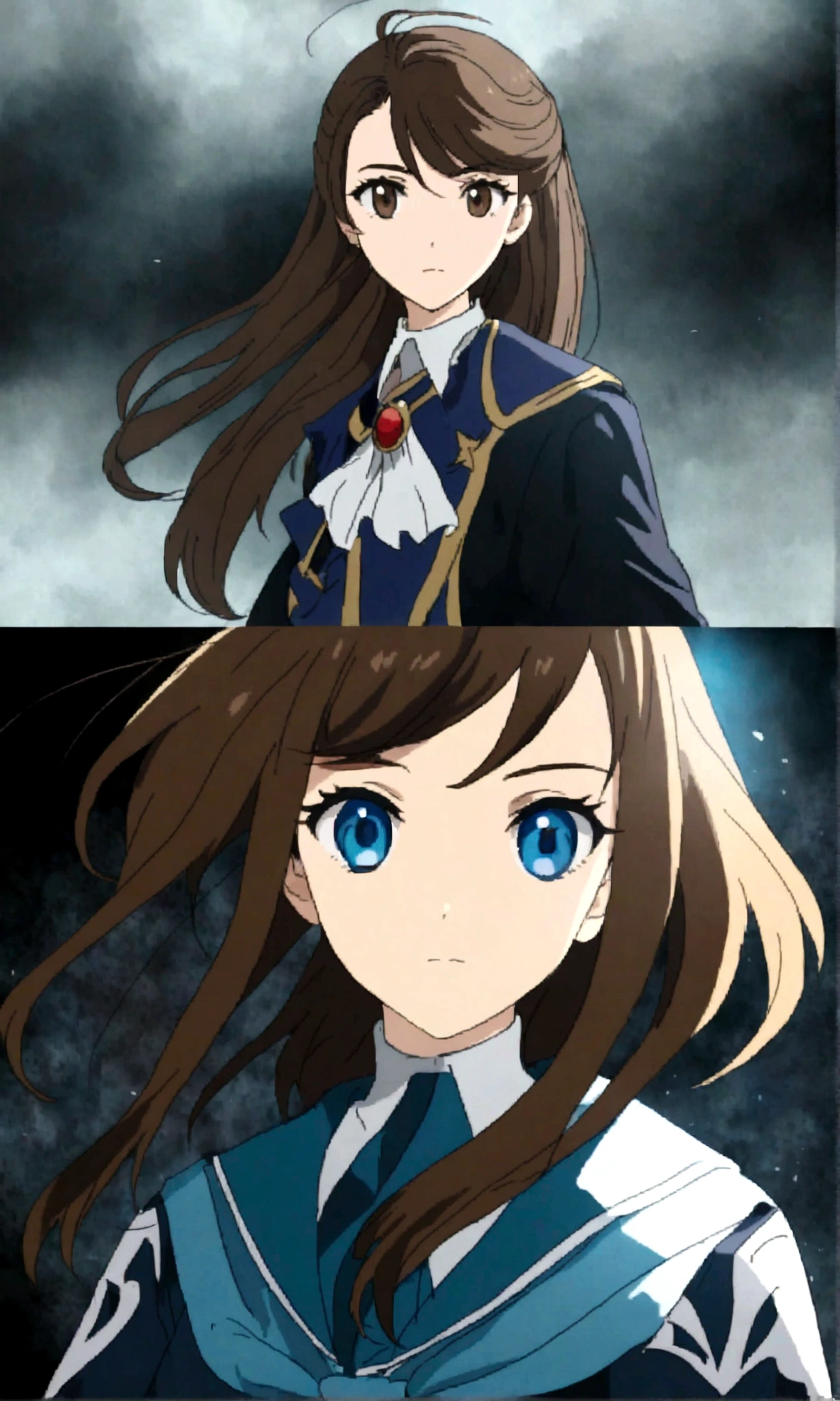 (Need),(Super meticulous),(full bodyesbian:1.2), (hair swept bangs:1.3) (brown hair:1.3), a close up of a woman in a blue dress and white socks, loose coat collar sailor uniform, fantasy style clothing, sakimichan, japanese clothes, style anime, magical school student uniform, witchcore clothes, magic , lolita style, anime girl cosplay, jk uniform, victorian blue dress, decorative dark blue clothing, gloomy style, anime set style, (beautiful detailed face),(Beautiful and delicate eyes),