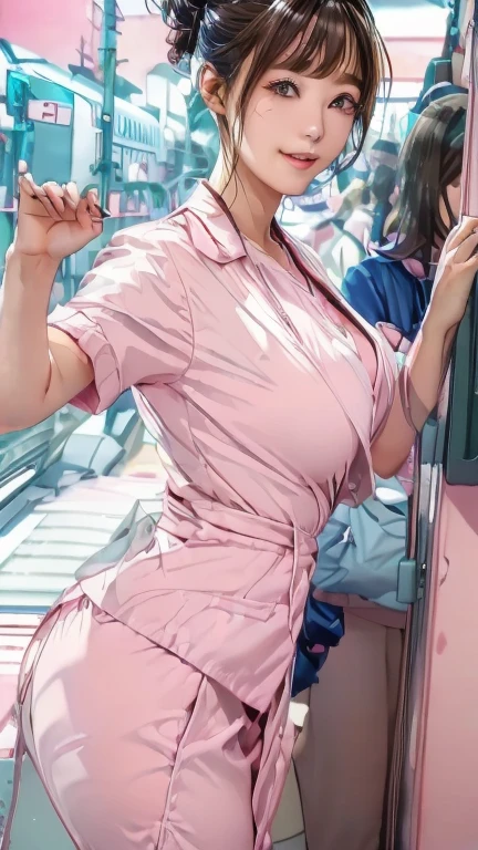 (masterpiece:1.2, highest quality:1.2), 32K HDR, High resolution, (alone、1 girl)、(On the roof of a building in the daytime、Professional Lighting)、Building rooftop background、(Nankai train crew uniform pinkを着たリアルスタイル)、(Nankai Railway crew uniform, pink, short sleeve, pink jacket、Nankai Railway crew uniform pink no-collar short-sleeve blouse、Nankai Train crew uniform pinkのグレー色のキュロットスカート)、Dark brown hair、(Hair tied up、Hair Bun、Hair Bun)、Dark brown hair、Long Shot、Big Breasts、Thin legs、((Great hands:2.0)), ((Harmonious body proportions:1.5)), ((Normal limbs:2.0)), ((Normal finger:2.0)), ((Delicate eyes:2.0)), ((Normal eyes:2.0)))、smile、(Nankai Train crew uniform pinkのグレー色のキュロットスカートを見せた美しい歩く姿)、Hands down