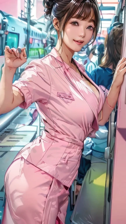 (masterpiece:1.2, highest quality:1.2), 32K HDR, High resolution, (alone、1 girl)、（On the roof of a building in the daytime、Professional Lighting）、Building rooftop background、（Nankai train crew uniform pinkを着たリアルスタイル）、（Nankai Railway crew uniform, pink, short sleeve, pink jacket、Nankai Railway crew uniform pink no-collar short-sleeve blouse、Nankai Train crew uniform pinkのグレー色のキュロットスカート）、Dark brown hair、（Hair tied up、Hair Bun、Hair Bun）、Dark brown hair、Long Shot、Big Breasts、Thin legs、（（Great hands：2.0））, （（Harmonious body proportions：1.5））, （（Normal limbs：2.0））, （（Normal finger：2.0））, （（Delicate eyes：2.0））, （（Normal eyes：2.0））)、smile、（Nankai Train crew uniform pinkのグレー色のキュロットスカートを見せた美しい歩く姿）、Hands down