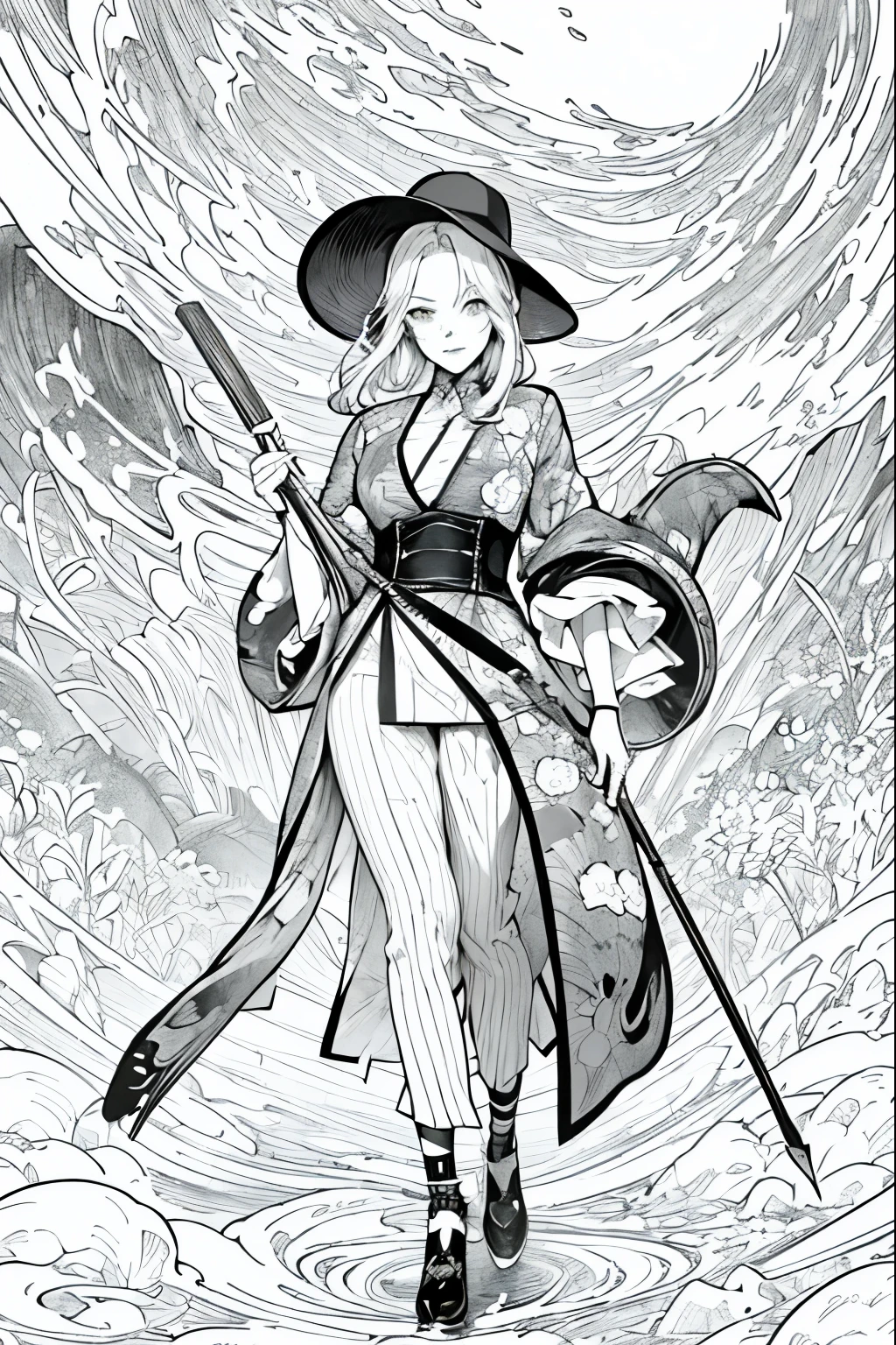 A painting of a costumed woman holding a hat and a walking stick, Manga drawn by Junpei Sato, Pixiv, Gothic art, pencil and Ink Manga, Beautiful line art, Pencil and ink cartoon, Shirow Masamuneスタイル, Shirow Masamune, Ink Manga, Very detailed fan art, Complex manga drawing