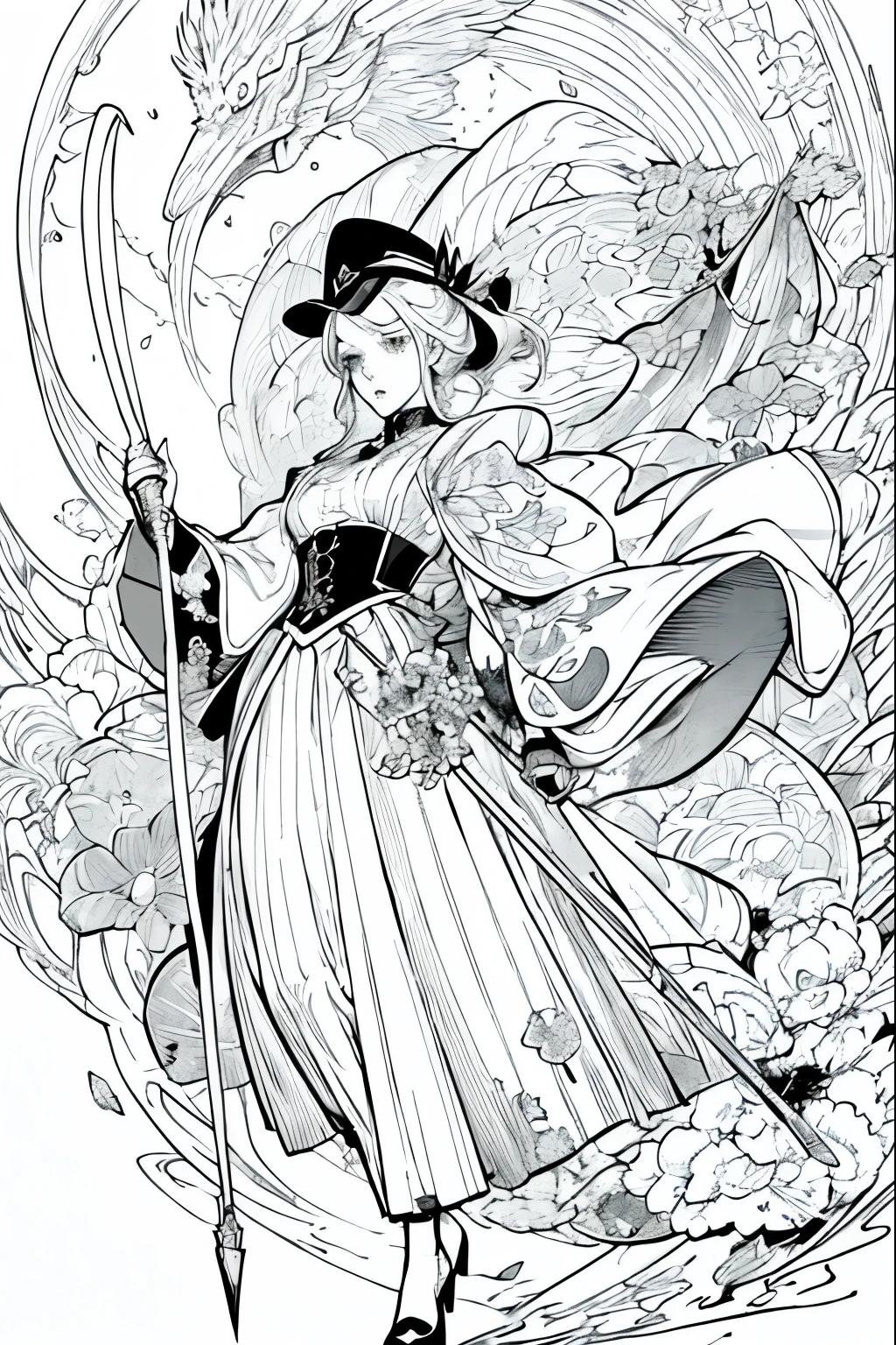 A painting of a costumed woman holding a hat and a walking stick, Manga drawn by Junpei Sato, Pixiv, Gothic art, pencil and Ink Manga, Beautiful line art, Pencil and ink cartoon, Shirow Masamuneスタイル, Shirow Masamune, Ink Manga, Very detailed fan art, Complex manga drawing
