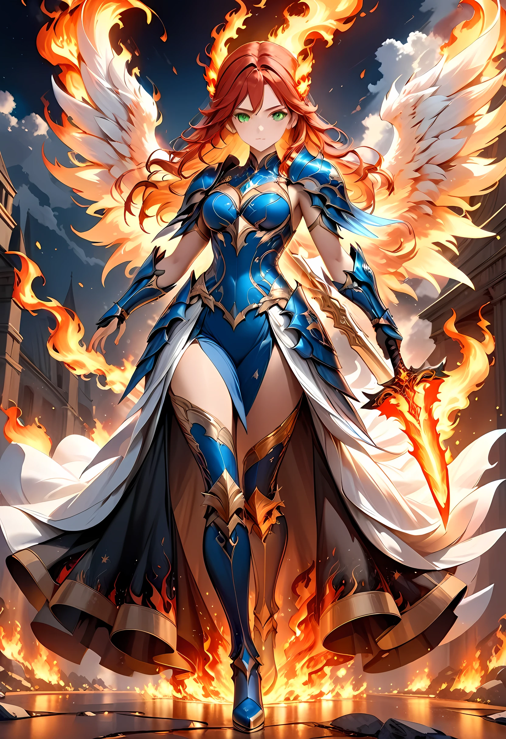 16k, ultra detailed, masterpiece, best quality, (extremely detailed), arafed, dnd art, panoramic view, full body, aasimar, female, (Masterpiece, intense details:1.3), female, divine warrior, holding ((flaming blade: 1.5)) (Masterpiece, intense details:1.3) large feathered wings,(white: 1.3) angelic wings spread (Masterpiece, intense details:1.3), fantasy magical heaven background (Masterpiece, intense details:1.3), moon, stars, clouds, wearing (azure armor: 1.3) (Masterpiece, intense details:1.3), elegant high heeled boots (Masterpiece, intense details:1.3), armed with sword, (red hair: 1.4), (green eyes: 1.4), intense eyes, ultra feminine, ultra detailed face, (Masterpiece, intense details:1.5), (anatomically correct: 1.5), determined face, divine light, cinematic lighting, soft light, silhouette, photorealism, panoramic view ((Masterpiece, intense details:1.3) , Wide-Angle, Ultra-Wide Angle, 16k, highres, best quality, faize, 2.5D rendering, phoenix dress
Waiting to start 
