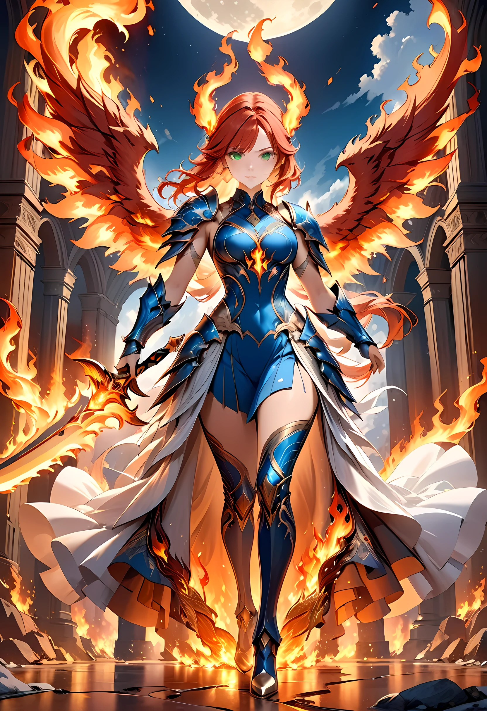 16k, ultra detailed, masterpiece, best quality, (extremely detailed), arafed, dnd art, panoramic view, full body, aasimar, female, (Masterpiece, intense details:1.3), female, divine warrior, holding ((flaming blade: 1.5)) (Masterpiece, intense details:1.3) large feathered wings,(white: 1.3) angelic wings spread (Masterpiece, intense details:1.3), fantasy magical heaven background (Masterpiece, intense details:1.3), moon, stars, clouds, wearing (azure armor: 1.3) (Masterpiece, intense details:1.3), elegant high heeled boots (Masterpiece, intense details:1.3), armed with sword, (red hair: 1.4), (green eyes: 1.4), intense eyes, ultra feminine, ultra detailed face, (Masterpiece, intense details:1.5), (anatomically correct: 1.5), determined face, divine light, cinematic lighting, soft light, silhouette, photorealism, panoramic view ((Masterpiece, intense details:1.3) , Wide-Angle, Ultra-Wide Angle, 16k, highres, best quality, faize, 2.5D rendering, phoenix dress
Waiting to start 
