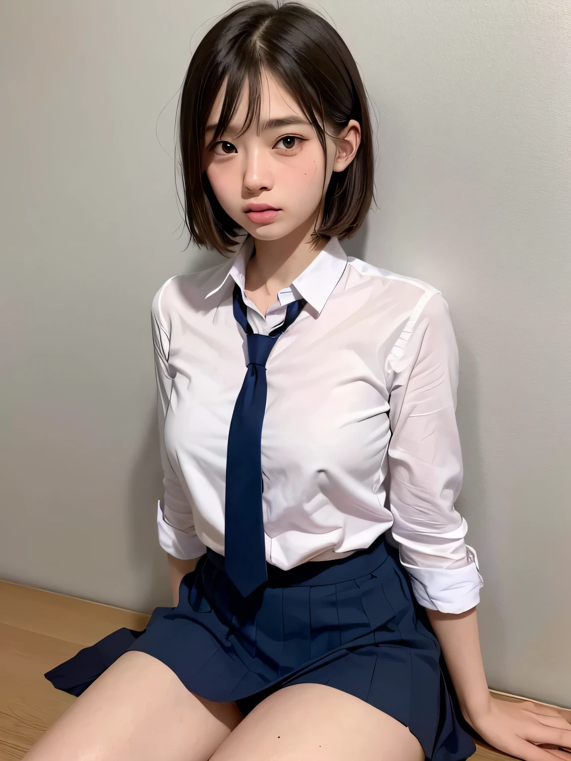 (masterpiece:1.3)、Very fine finish、(High resolution、8k:1.3)、highest quality、Beautiful Hands、Beautiful Hands指、(Ultra-realistic as a photo:1.3), Ultra High Resolution Face、The face is in focus、Ultra high definition and beautiful eyes、(Concentrated eyes:1.3)、(Eyes are symmetrical:1.3)、High quality and beautiful skin、Firm Skin、Natural Makeup、Gloss lips, Ultra HD Hair Texture、Japanese women、high school girl、17 years old、(High School Uniform:1.3), very cute, Very short hair:1.2, (Sitting:1.3), Mid-chest, (Flip up the skirt、Small panties are visible from the skirt:1.1), Pink wall、 (Very embarrassed:1.3), (blush:1.3), (View Viewer:1.2)
