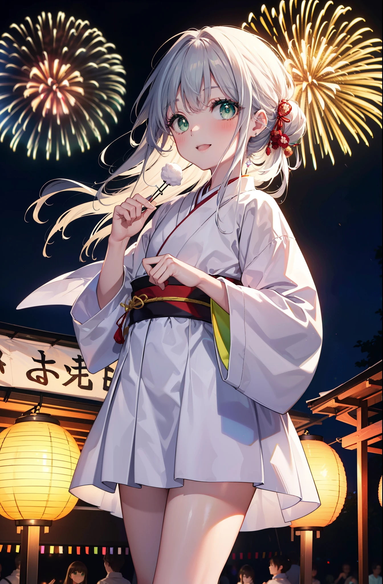 index, index, (Green Eyes:1.5), Silver Hair, Long Hair, (Flat Chest:1.2),smile,blush,Happy atmosphere,Open your mouth,hair tied back,White clothing,Long sleeve,mini skirt,Sandals,night空の花火,Fireworks display,Japanese Festivals,Summer festival food stalls,Red Lantern, night,whole bodyがイラストに入るように,Looking down from above,She is holding cotton candy in her right hand,
break outdoors, shrine,                                              break looking at viewer,whole body,(Cowboy Shot:1. 5)
break (masterpiece:1.2), highest quality, High resolution, unity 8k wallpaper, (shape:0.8), (Beautiful and beautiful eyes:1.6), Highly detailed face, Perfect lighting, Extremely detailed CG, (Perfect hands, Perfect Anatomy),