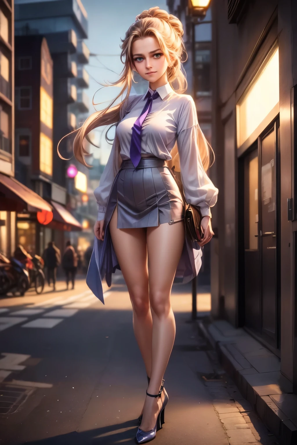 Anime girl standing on city street with long hair and blue eyes, trending in ArtStation Pixiv, purple eyes, blue tie, beautiful (detailed eyes, detailed face,) Ahegao, euladef, noble temperament, high heels, no watermark
