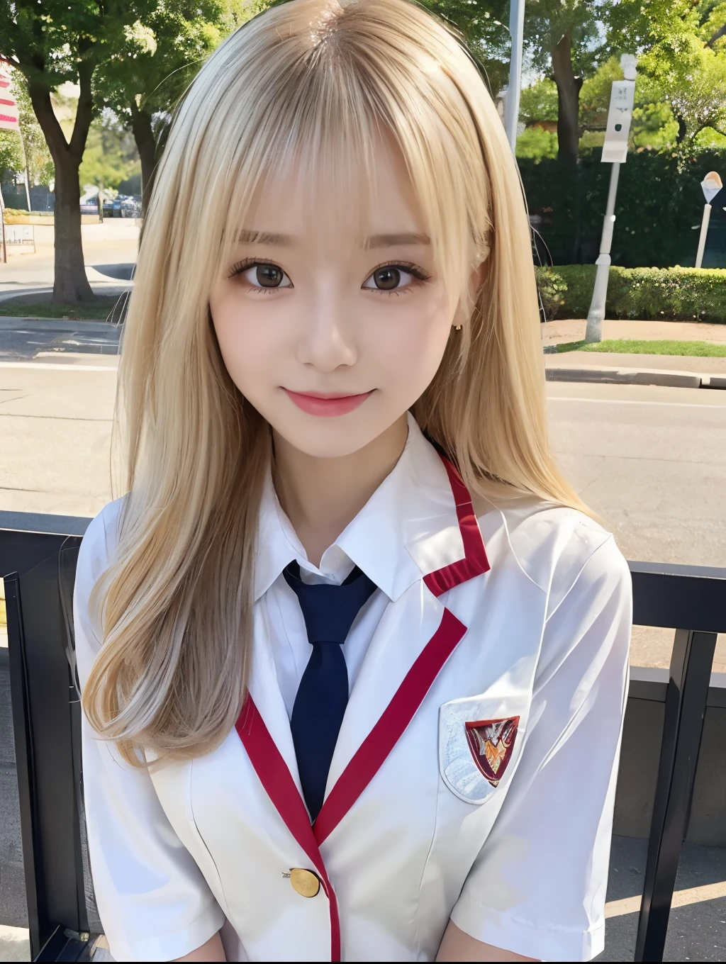 ( Masterpiece, highest quality), 98k, ((Perfect Anatomy:1.3)),Beautiful Japanese Women, Succubus,alone, 18-year-old, Small face,Cute face:1.2,Smiling, Larger breasts, ,Beautifully detailed round eyes, Evenly spaced eyes 1.2, Long platinum blonde hair,Random Hair, (Highly detailed face and skin texture), Beautiful face in golden proportions,White skin,Accentuate your beautiful legs,(Revealing student uniforms:1.2),Random sexy poses, Sunny day,(Standing like a model:1.3)