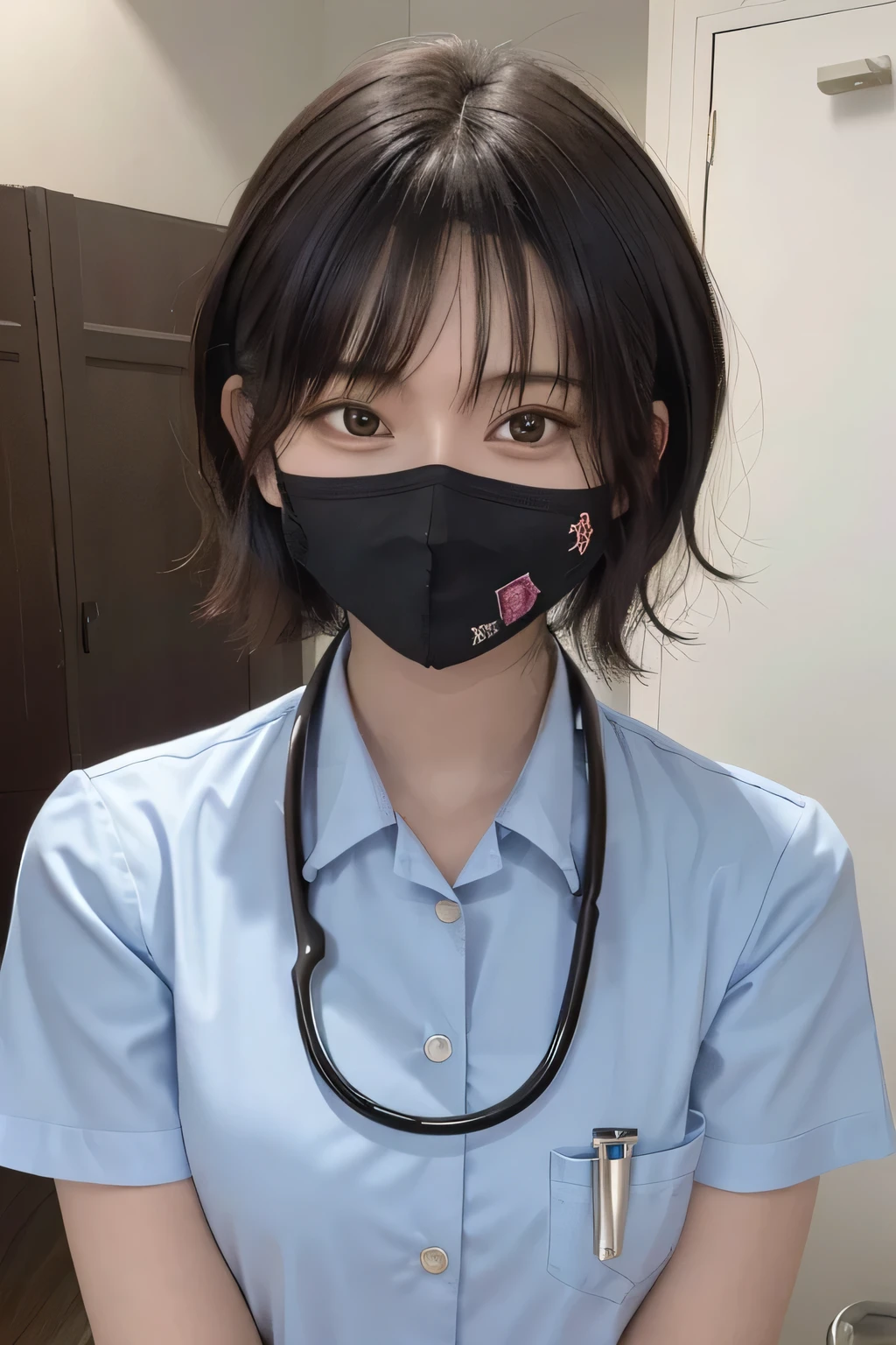 205  ((short hair)), 20-year-old female, Surrealism, Flower Smile、Black Hair、ear piercing、nurse、Nurse uniform、Stethoscope、The background is in the room、Mask on mouth