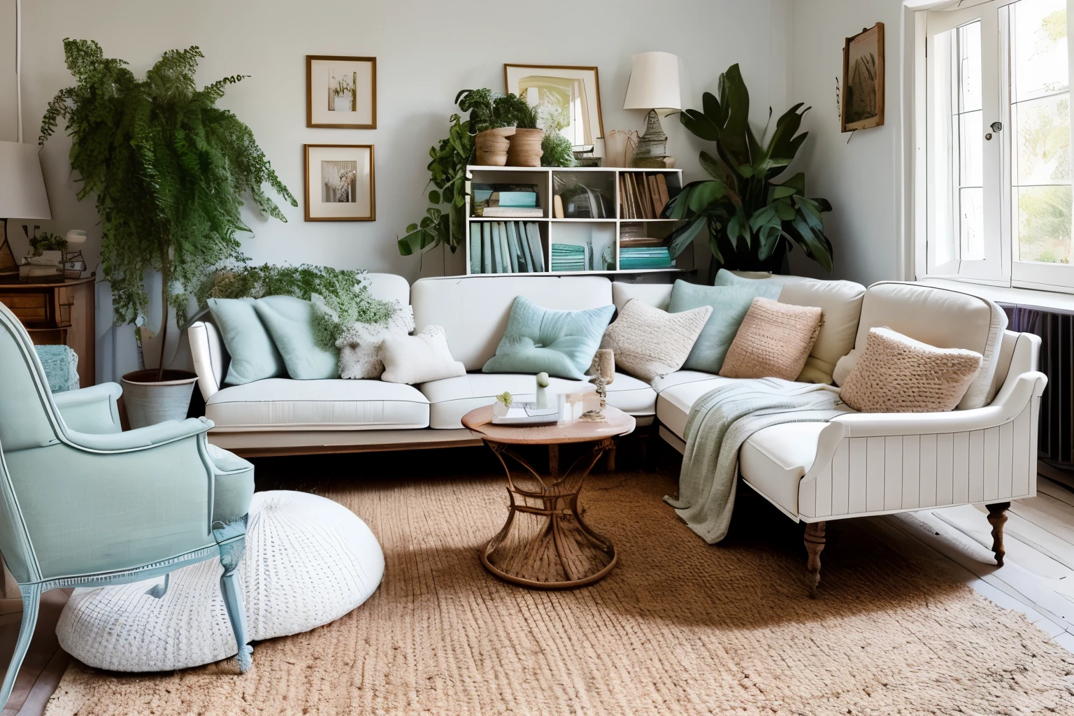 Create a family home style interior for me, avec des meubles anciens et brocants, I also want a very cooconing sofa, des tapis, des plantes, et le tout dans des tons pastels