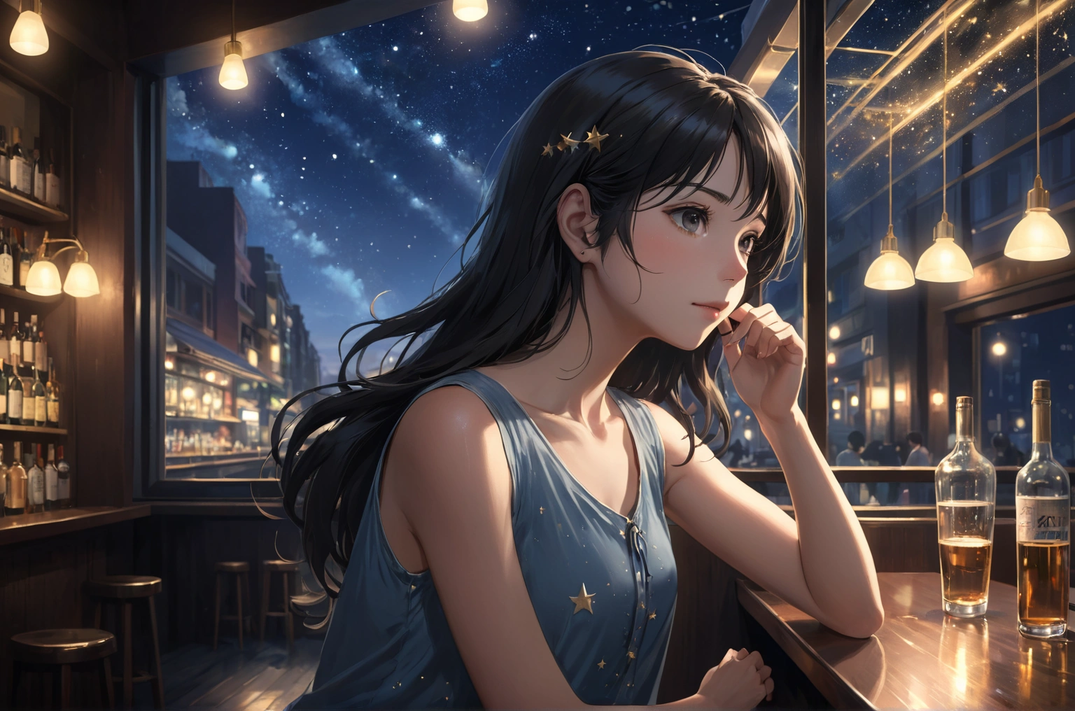 Uses Makoto Shinkai&#39;s depiction perfectly, Chiara Pancaldi portrait 8k 4k masterpiece photo ,A jazz bar with a glass ceiling,Outside the window is a dim night view,Stars twinkle in the sky,Close-up of profile,Semi-long hair,Black Hair,sexy,Wearing a slim sleeveless shirt,Five fingers and five toes,The fingers are drawn precisely,The most beautiful woman in the world,30 years old,