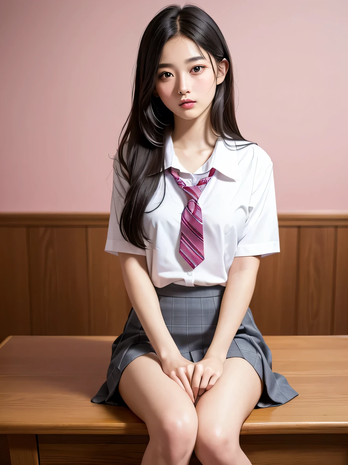 (masterpiece:1.3)、Very fine finish、(High resolution、8k:1.3)、highest quality、Beautiful Hands、Beautiful Hands指、(Ultra-realistic as a photo:1.3), Ultra High Resolution Face、The face is in focus、Ultra high definition and beautiful eyes、(Concentrated eyes:1.3)、(Eyes are symmetrical:1.3)、High quality and beautiful skin、Firm Skin、Natural Makeup、Gloss lips, Ultra HD Hair Texture、Japanese women、high school girl、17 years old、(High School Uniform:1.3), very cute, Very short hair:1.2, (Sitting:1.3), Mid-chest, (Flip up the skirt、Small panties are visible from the skirt:1.1), Pink wall、 (Very embarrassed:1.3), (blush:1.3), (View Viewer:1.2)