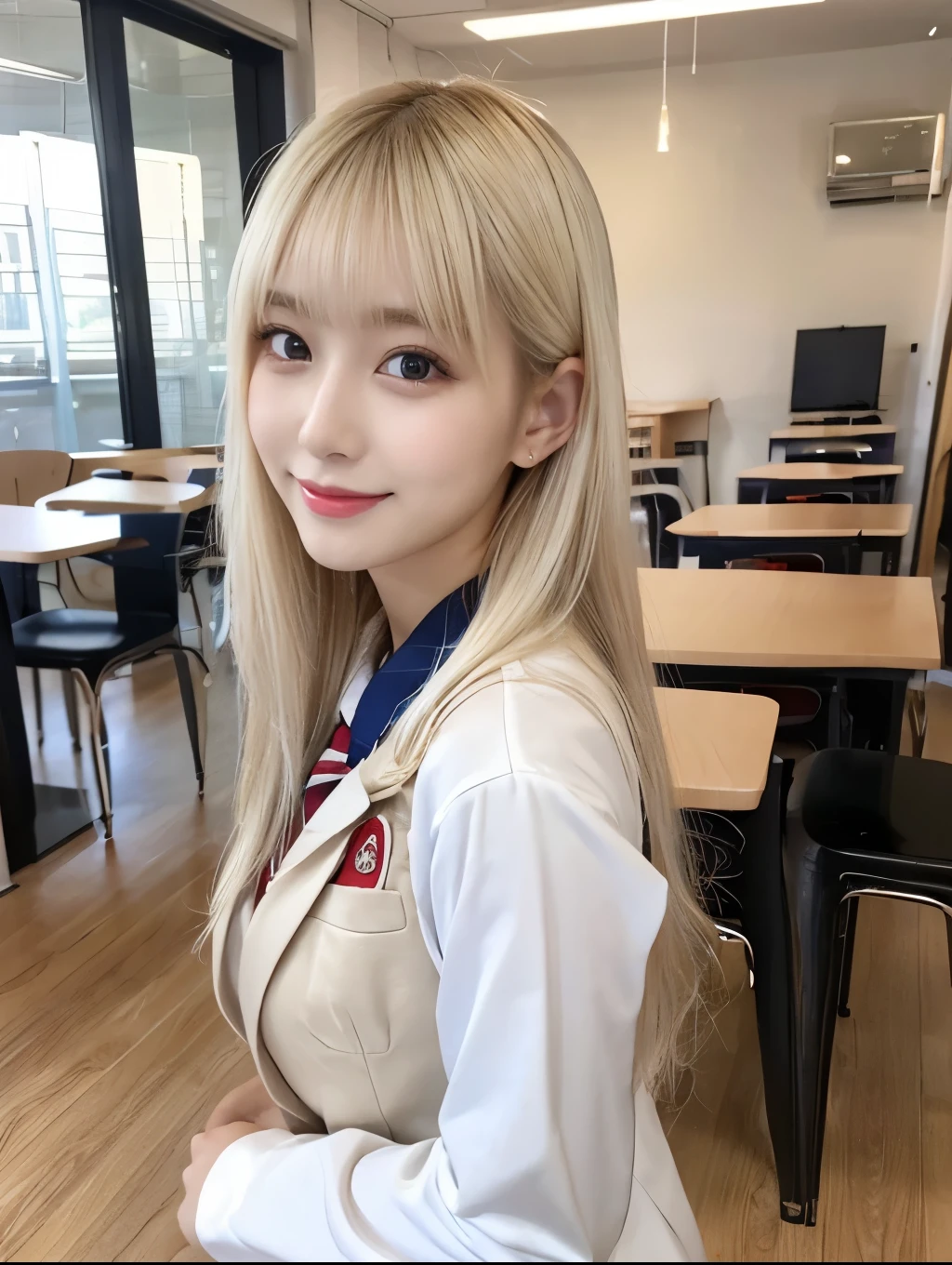 ( Masterpiece, highest quality), 98k, ((Perfect Anatomy:1.3)),Beautiful Japanese Women, Succubus,alone, 18-year-old, Small face,Cute face:1.2,Smiling, Larger breasts, ,Beautifully detailed round eyes, Evenly spaced eyes 1.2, Long platinum blonde hair,Random Hair, (Highly detailed face and skin texture), Beautiful face in golden proportions,White skin,Accentuate your beautiful legs,(Student uniform:1.2),Random sexy poses, Sunny day,（Standing like a model:1.3）