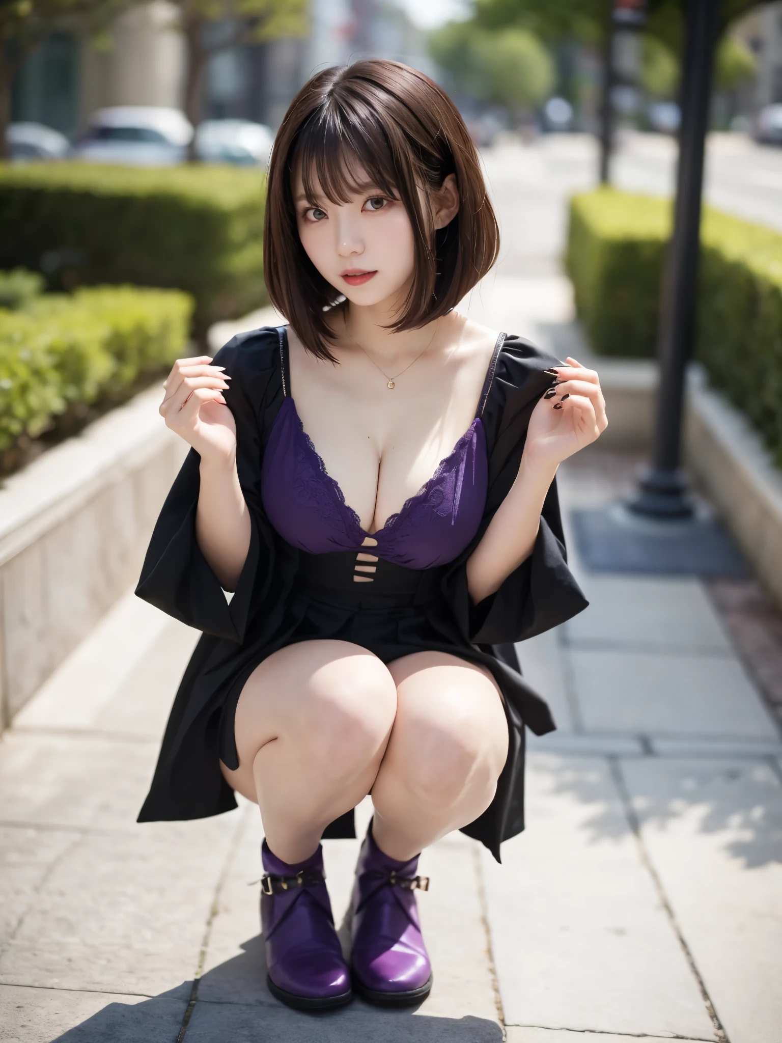 ulzzang-6500-v1.1, (RAW Photos:1.2), (Photorealistic), (Genuine:1.4), (Pieces fly), Elegant woman with a perfect figure: 1.3, Jet Black Hair、((Straight bob cut with neatly trimmed ends,short hair、bangs))、(She is wearing a deep purple furisode with an elegant pattern..)、Holding a closed fan、Majestic Hall々, (A look full of murderous intent:1.2)、 Highly detailed face and skin, Fine Eyes, double eyelid, (Full Body Shot:1.3)、Wearing short boots、