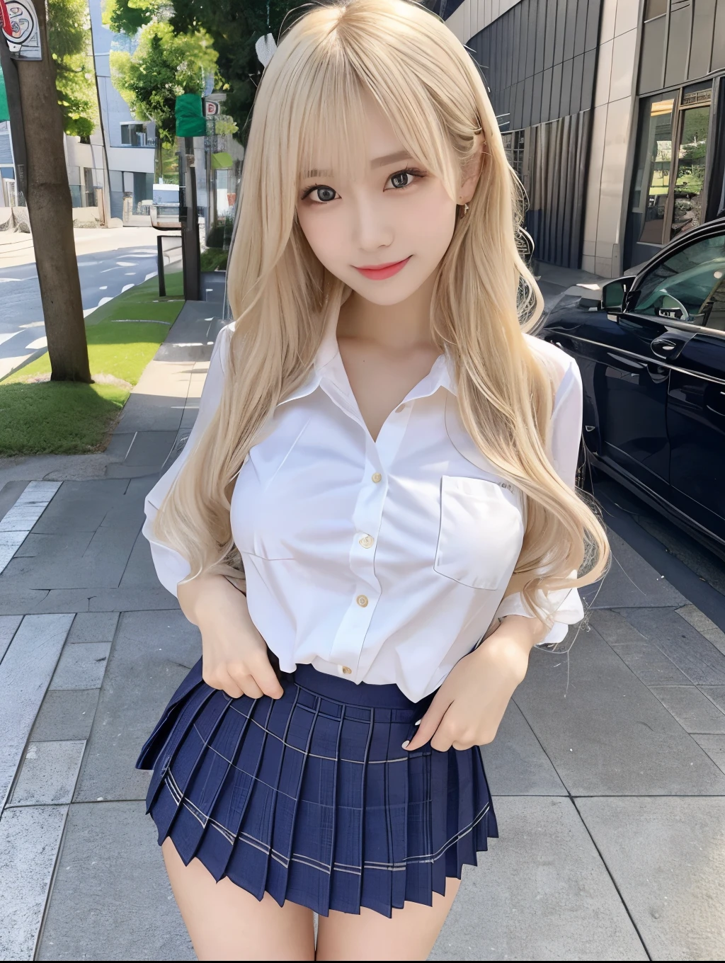 ( Masterpiece, highest quality), 98k, ((Perfect Anatomy:1.3)),Beautiful Japanese Women, Succubus,alone, 18-year-old, Small face,Cute face:1.2,Smiling, Larger breasts, ,Beautifully detailed round eyes, Evenly spaced eyes 1.2, Long platinum blonde hair,Random Hair, (Highly detailed face and skin texture), Beautiful face in golden proportions,White skin,Accentuate your beautiful legs,(Student uniform:1.2),Random sexy poses, Sunny day,(Standing like a model:1.3)