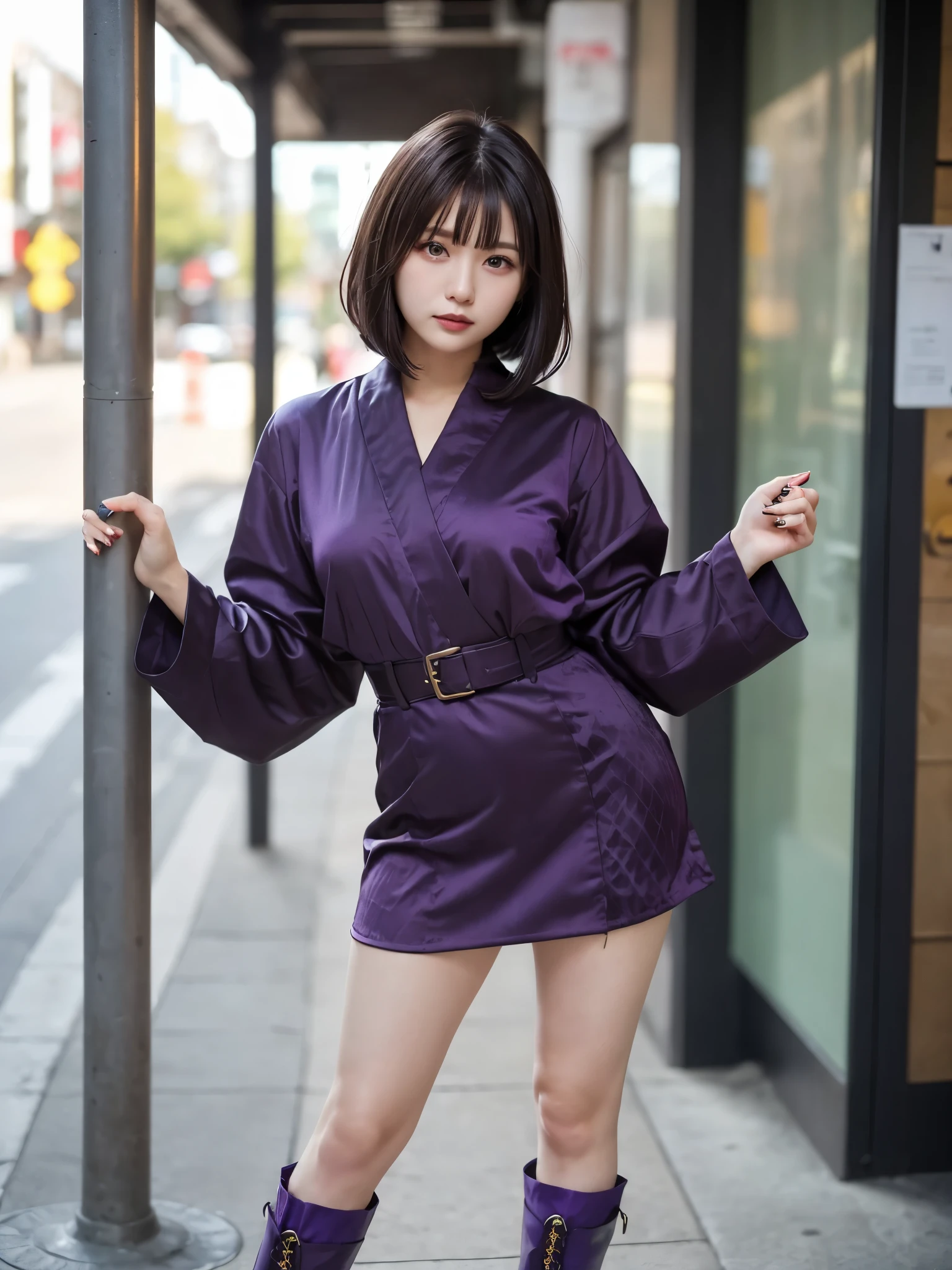 ulzzang-6500-v1.1, (RAW Photos:1.2), (Photorealistic), (Genuine:1.4), (masterpiece), Elegant woman with a perfect figure: 1.3, Jet Black Hair、((Straight bob cut with neatly trimmed ends,short hair、bangs))、(She is wearing a deep purple furisode with an elegant pattern..)、Holding a closed fan、Majestic Hall々, (A look full of murderous intent:1.2)、 Highly detailed face and skin, Fine Eyes, double eyelid, (Full Body Shot:1.3)、Wearing short boots、